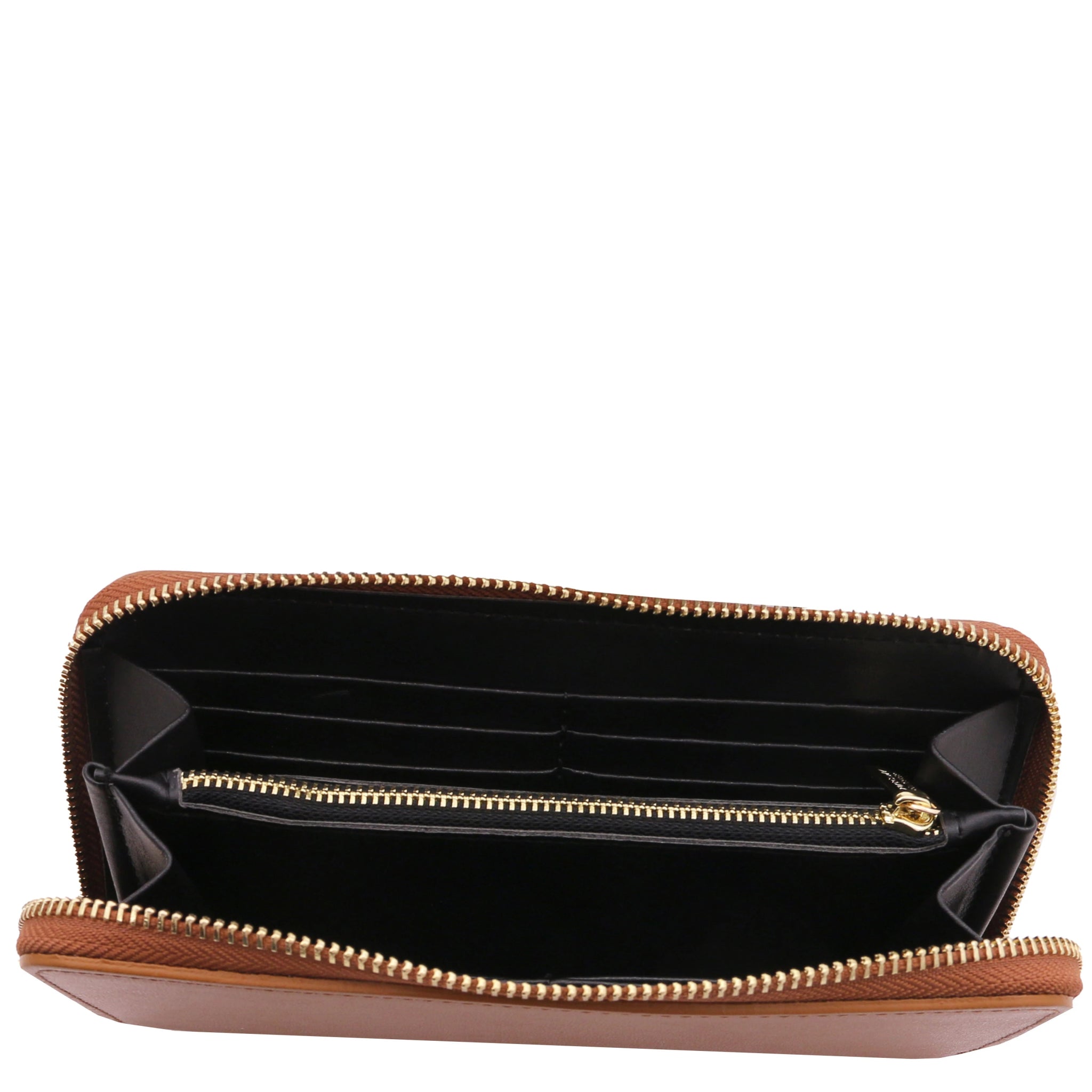 Top interior view Ilizia Exclusive three side Zip Around Leather Wallet in cognac showing coin zip pocket and card slots 