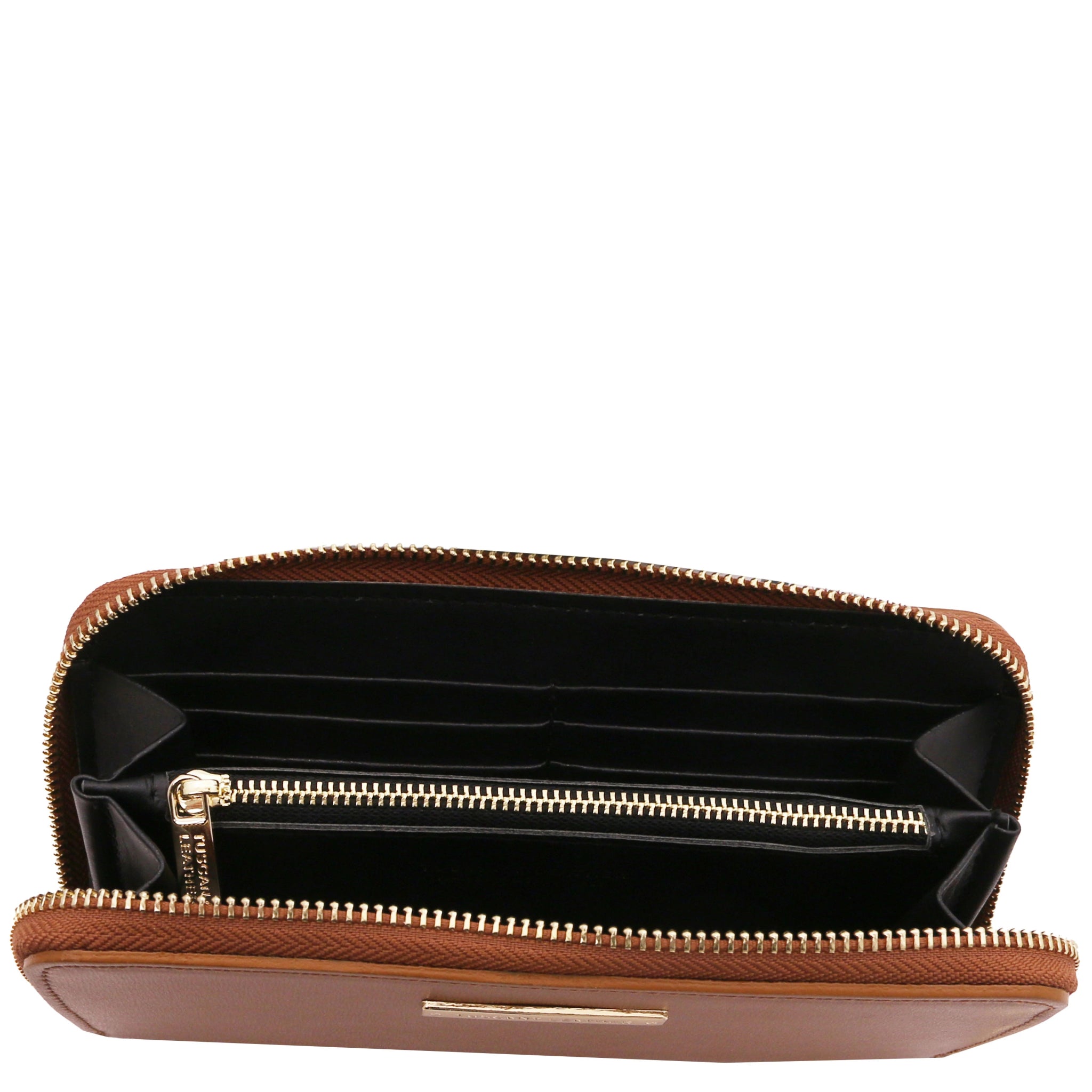Top interior view Ilizia Exclusive three side Zip Around Leather Wallet in cognac showing coin zip pocket, card slots and dark interior 