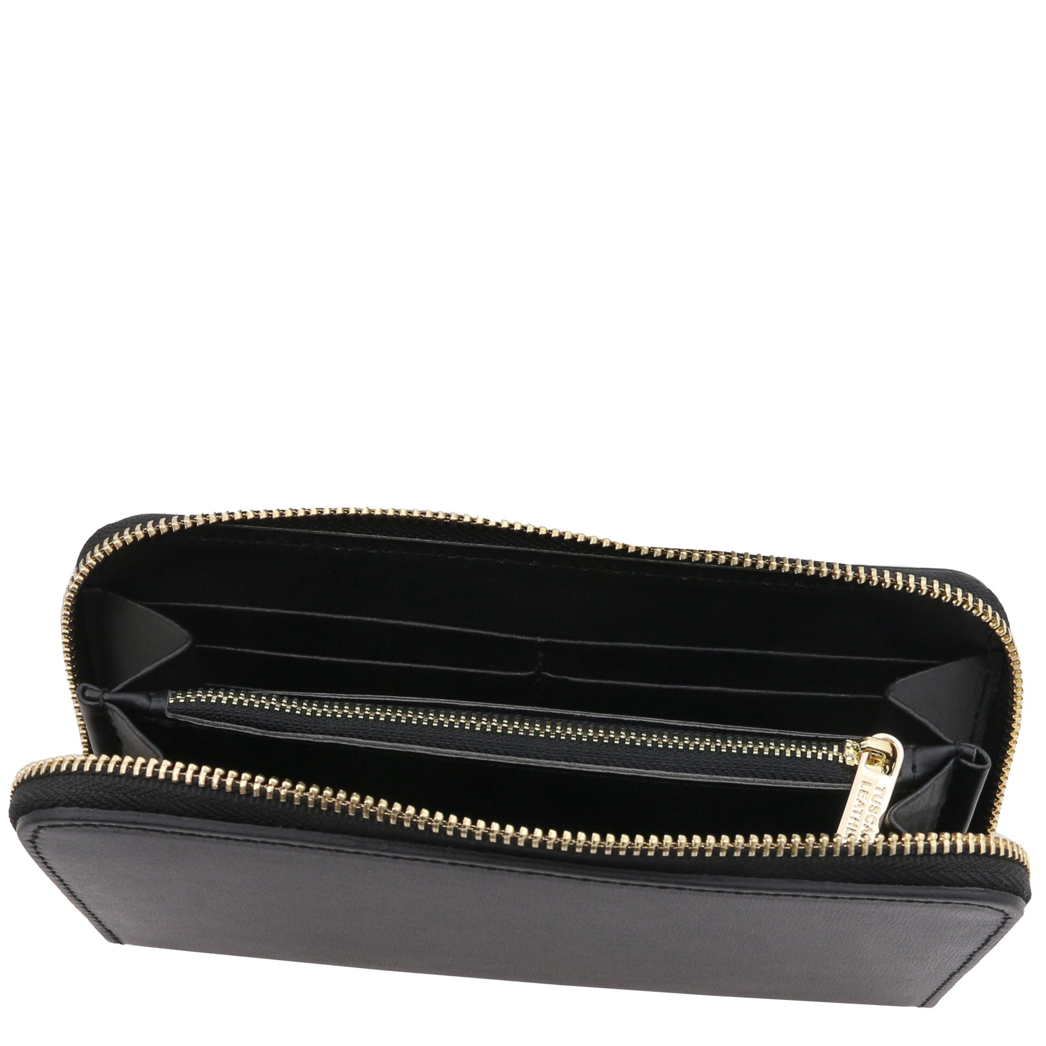 Top interior view Ilizia Exclusive three side Zip Around Leather Wallet in black showing coin zip pocket and card slots 