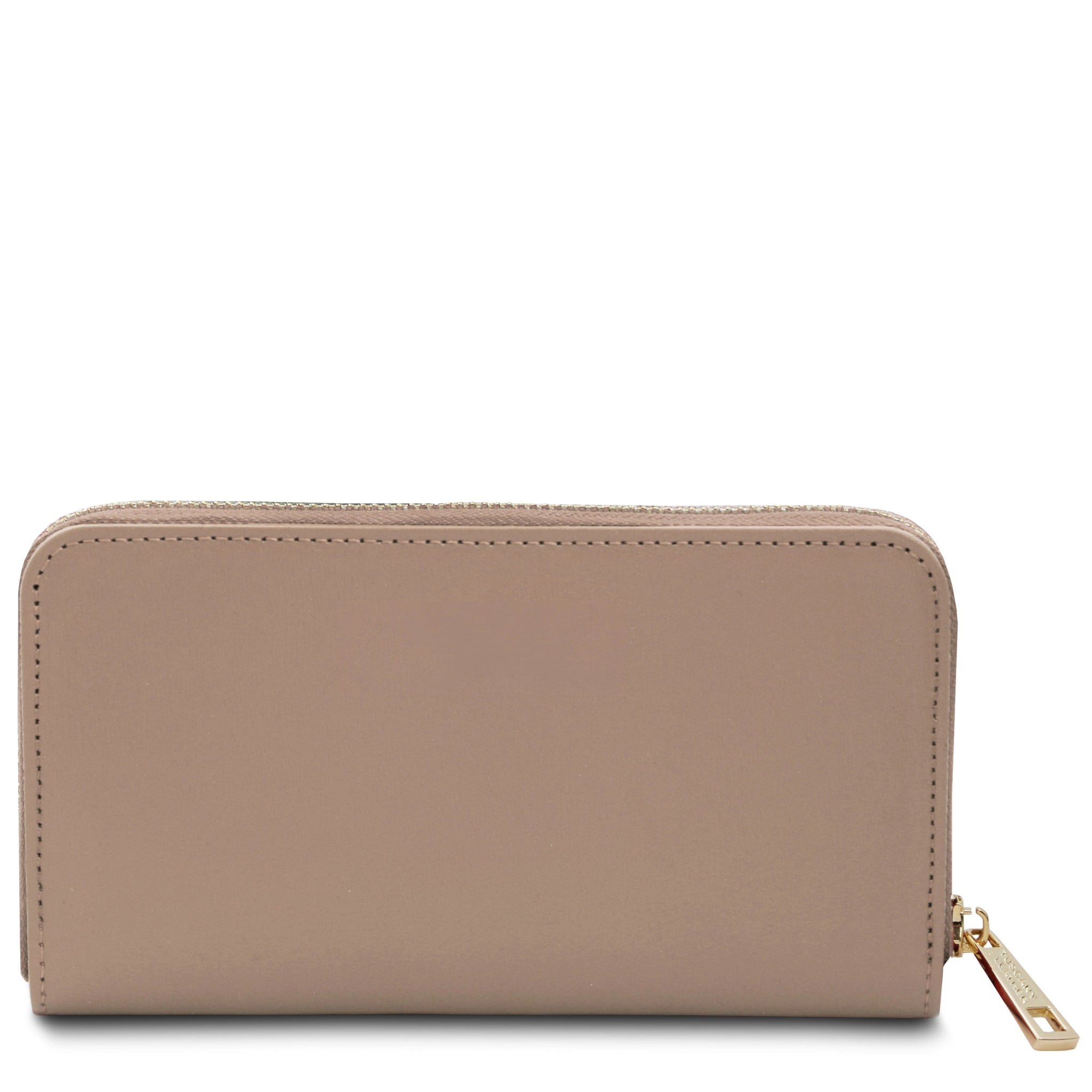 Back view Ilizia Exclusive three side Zip Around Leather Wallet in light taupe on white background
