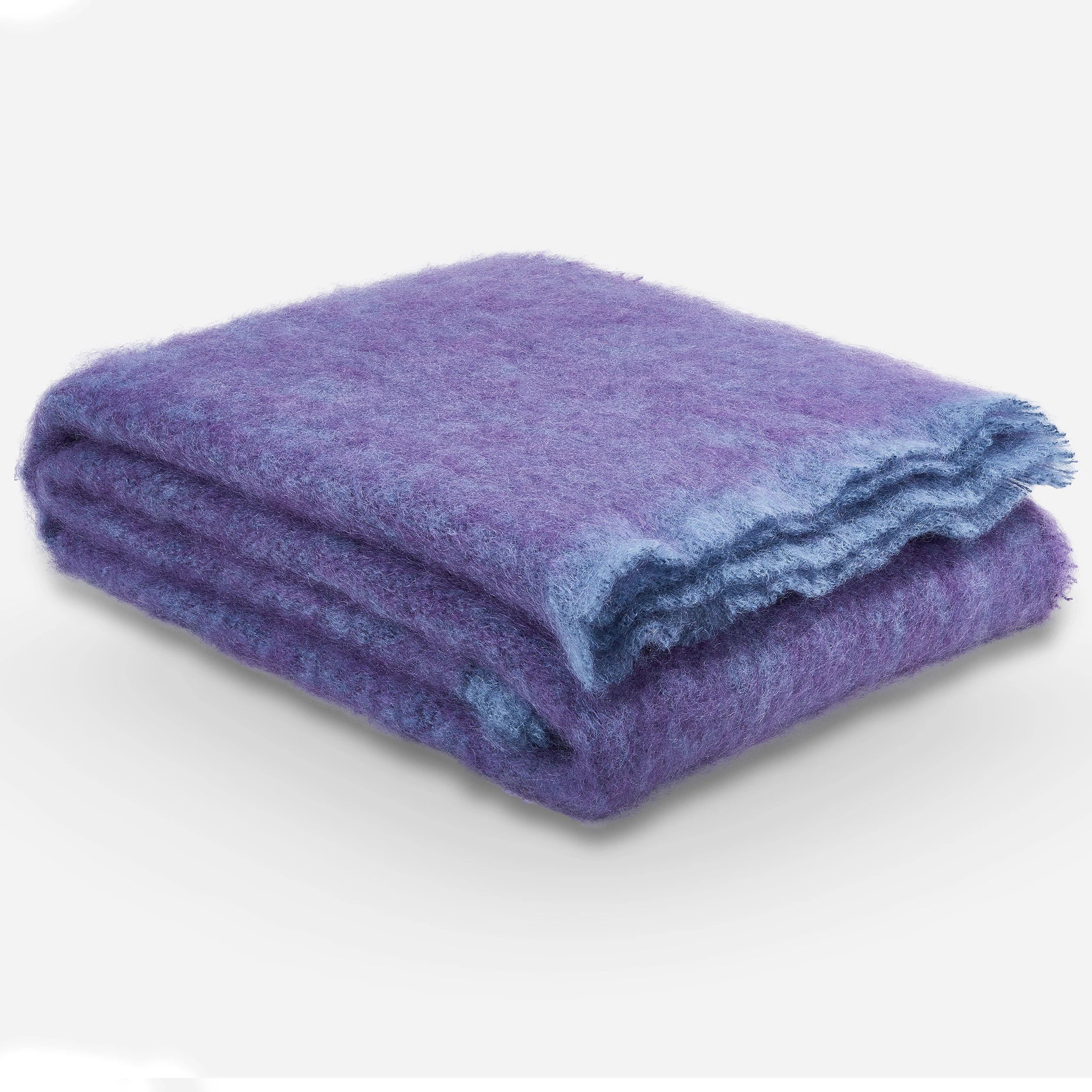 Irish Kilkenny Aubergine Melange Handloomed Plush Mohair Throw with light blue trim, folded in square on white background