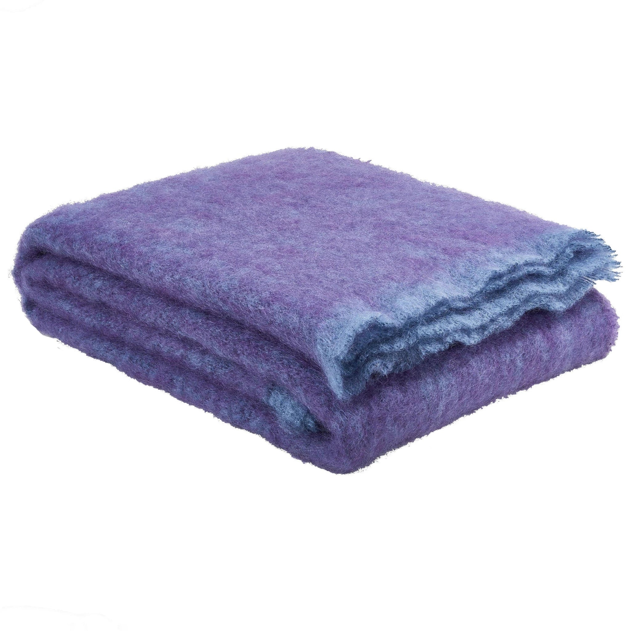 Irish Kilkenny Aubergine Melange Handloomed Plush Mohair Throw with light vibrant blue trim folded in a square and laying on a white background - L'Atelier Global