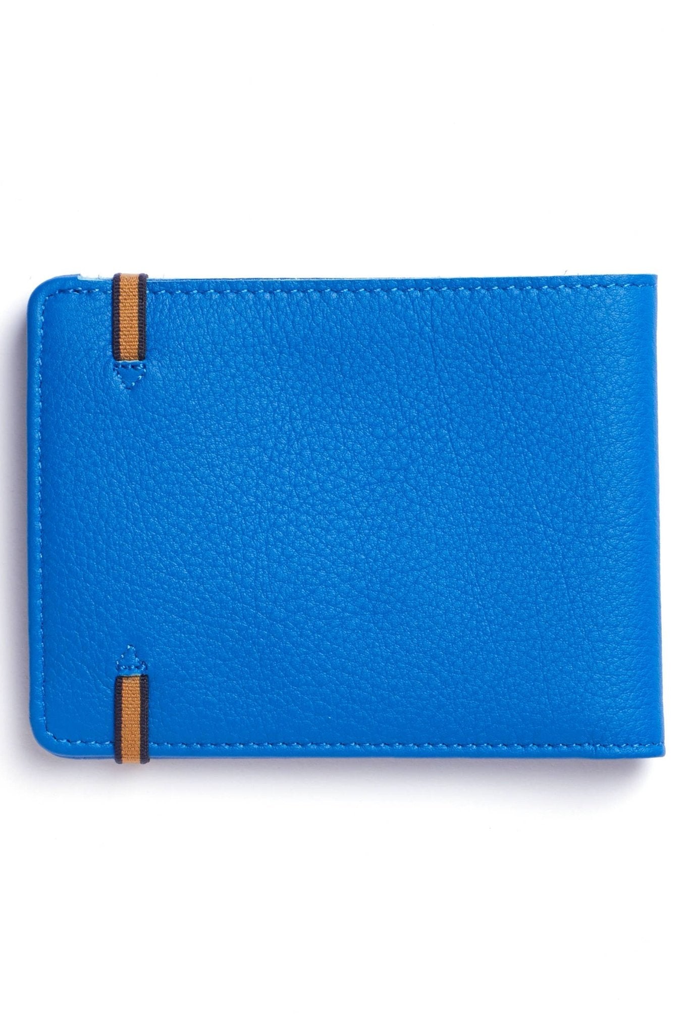 The back side of the Light Blue Minimalist Wallet with orange elastic closure on a white background - L'Atelier Global