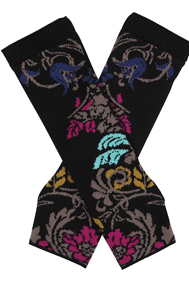 Lily of The Valley Serbian Fingerless Long Gloves in Black laying crossed on a white background