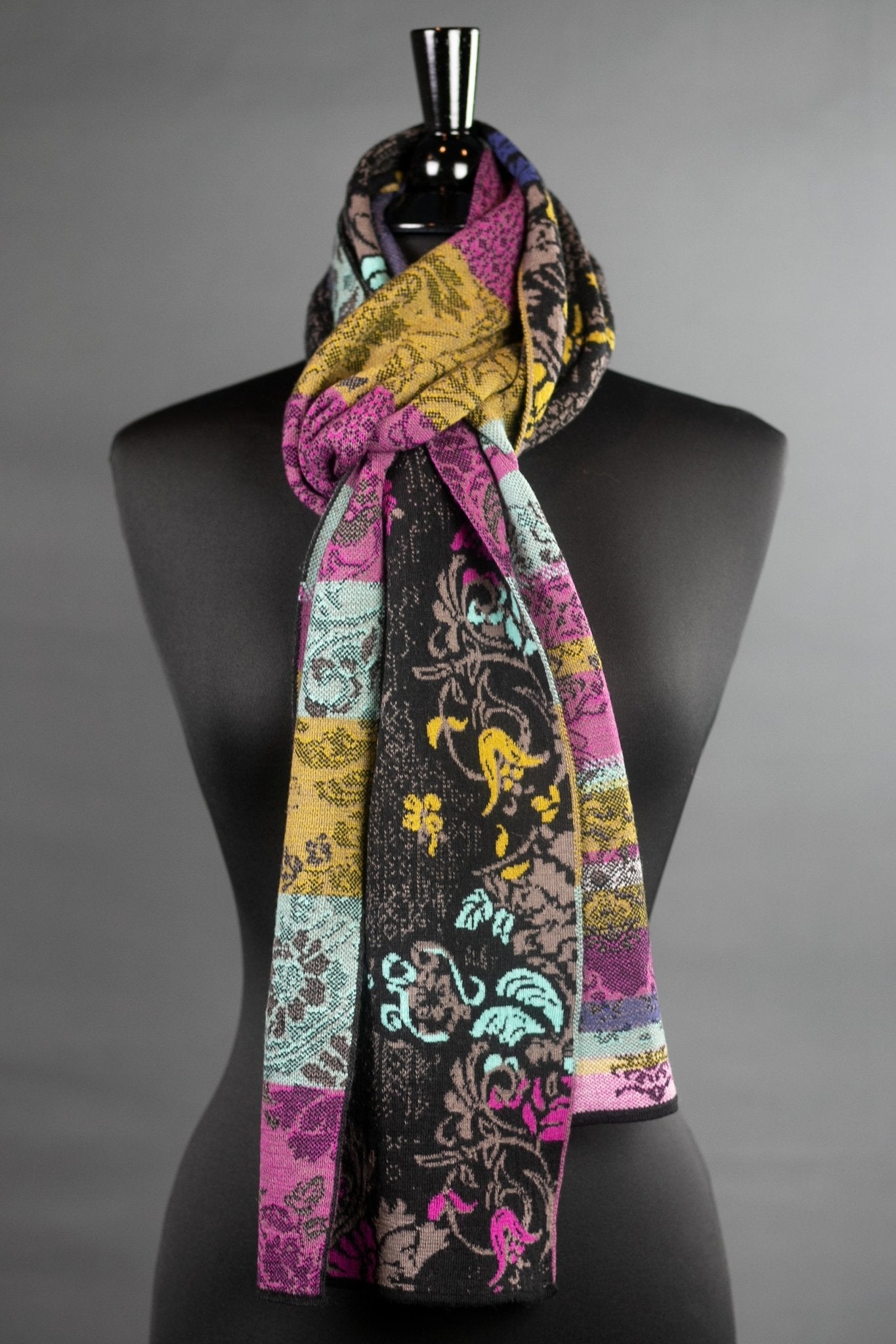 Lily of The Valley Serbian Merino Reversible Scarf in Black on a bust form- L'Atelier Global