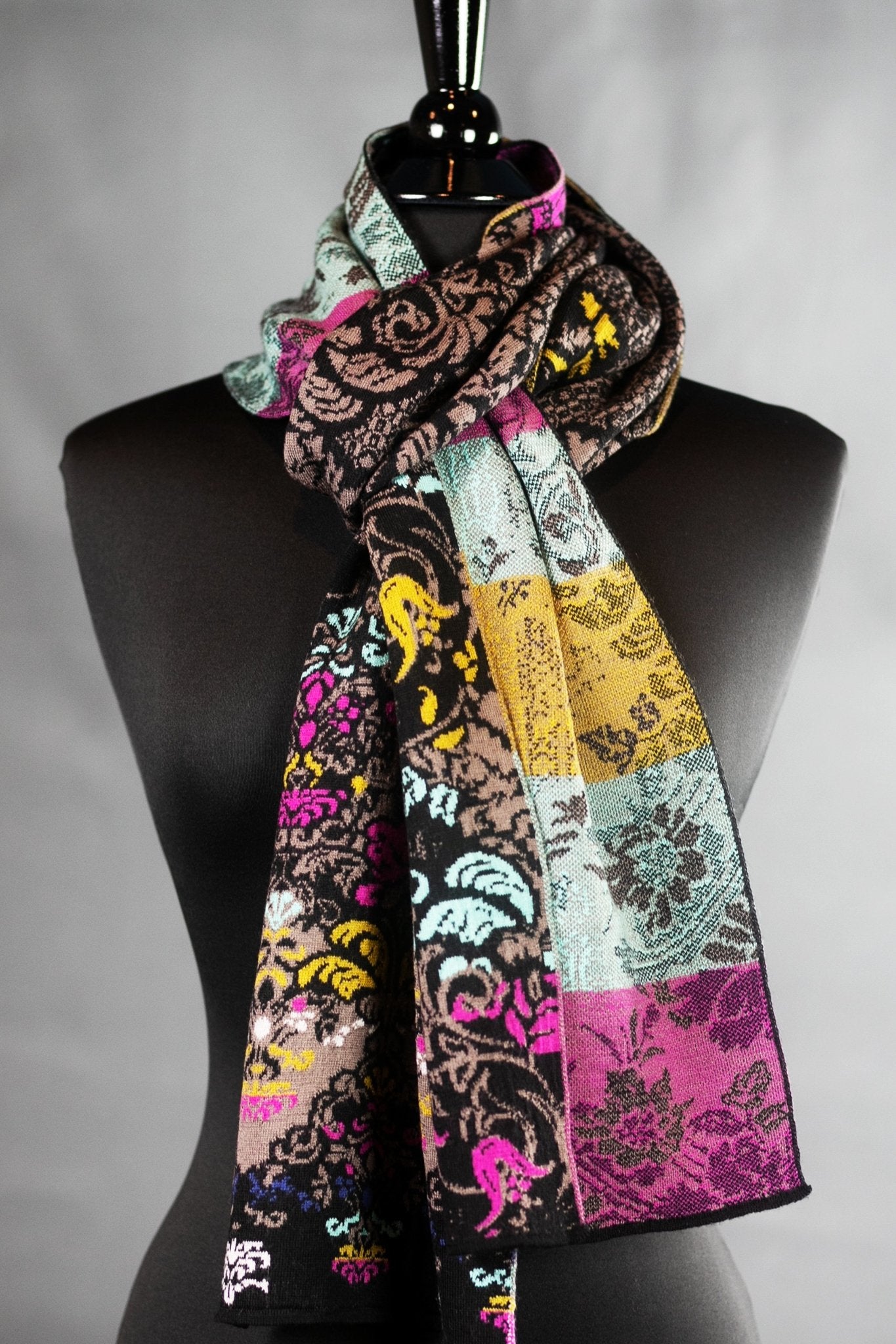 Lily of The Valley Serbian Merino Reversible Scarf in Black on a bust form - L'Atelier Global