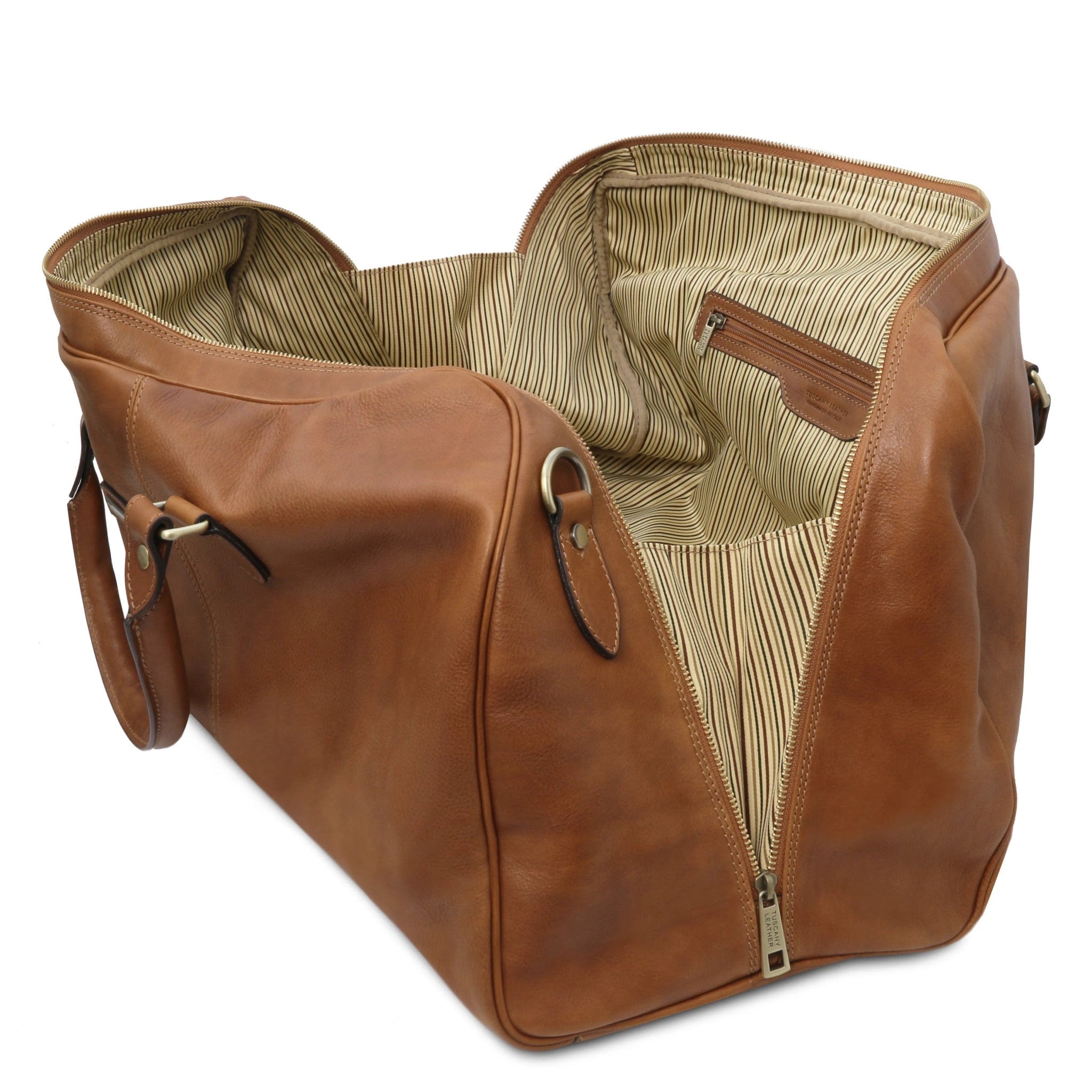 Lisbona Travel Leather Duffle Bag in Natural  Interior View showing pockets and striped cotton lining on a white background