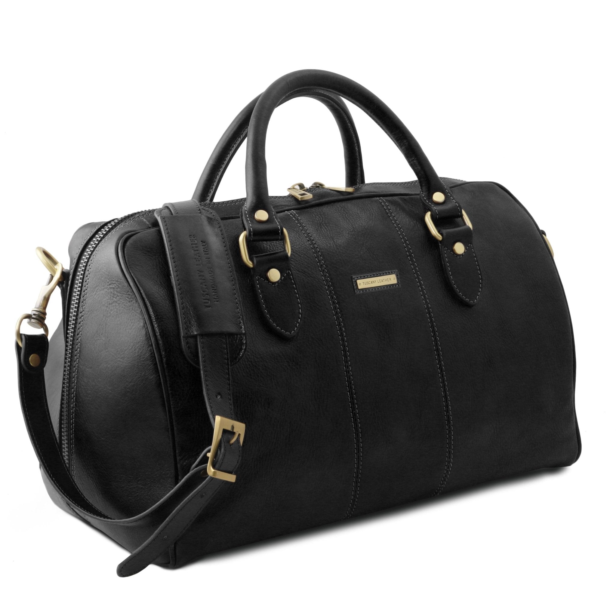 Lisbona Travel Leather Duffle Bag in Black Small size side view on a white background - L'Atelier Global