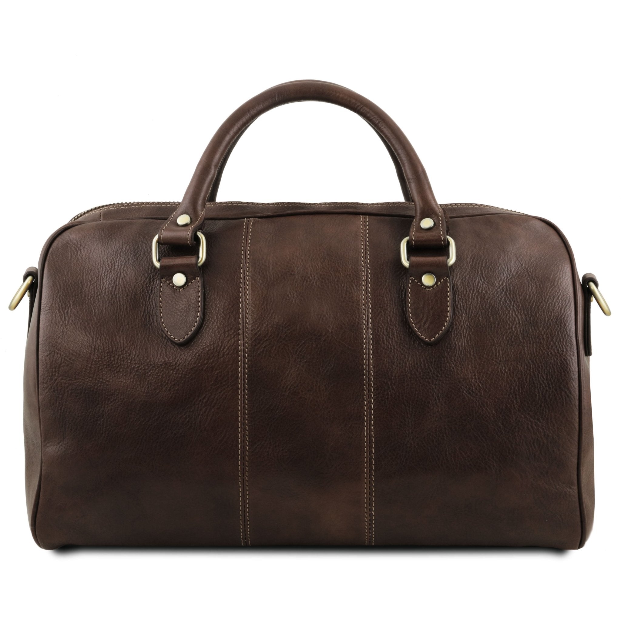 Lisbona Travel Leather Duffle Bag in Dark Brown Small size back view on a white background - L'Atelier Global