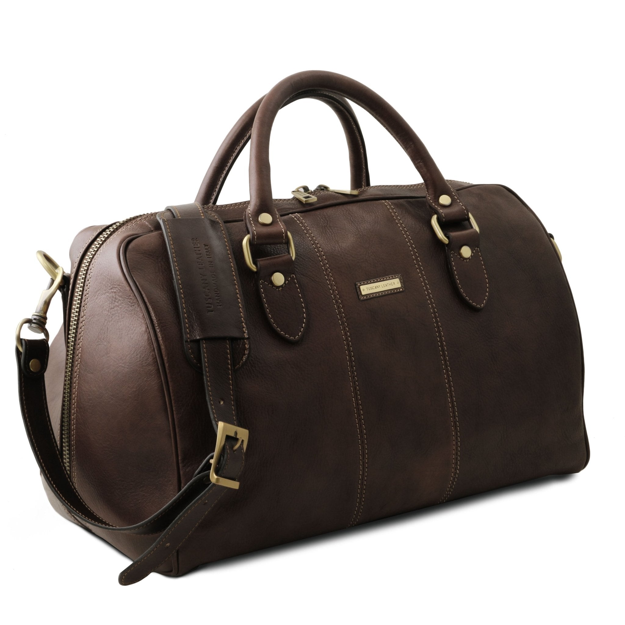 Lisbona Travel Leather Duffle Bag in Dark Brown Small size side view on a white background - L'Atelier Global