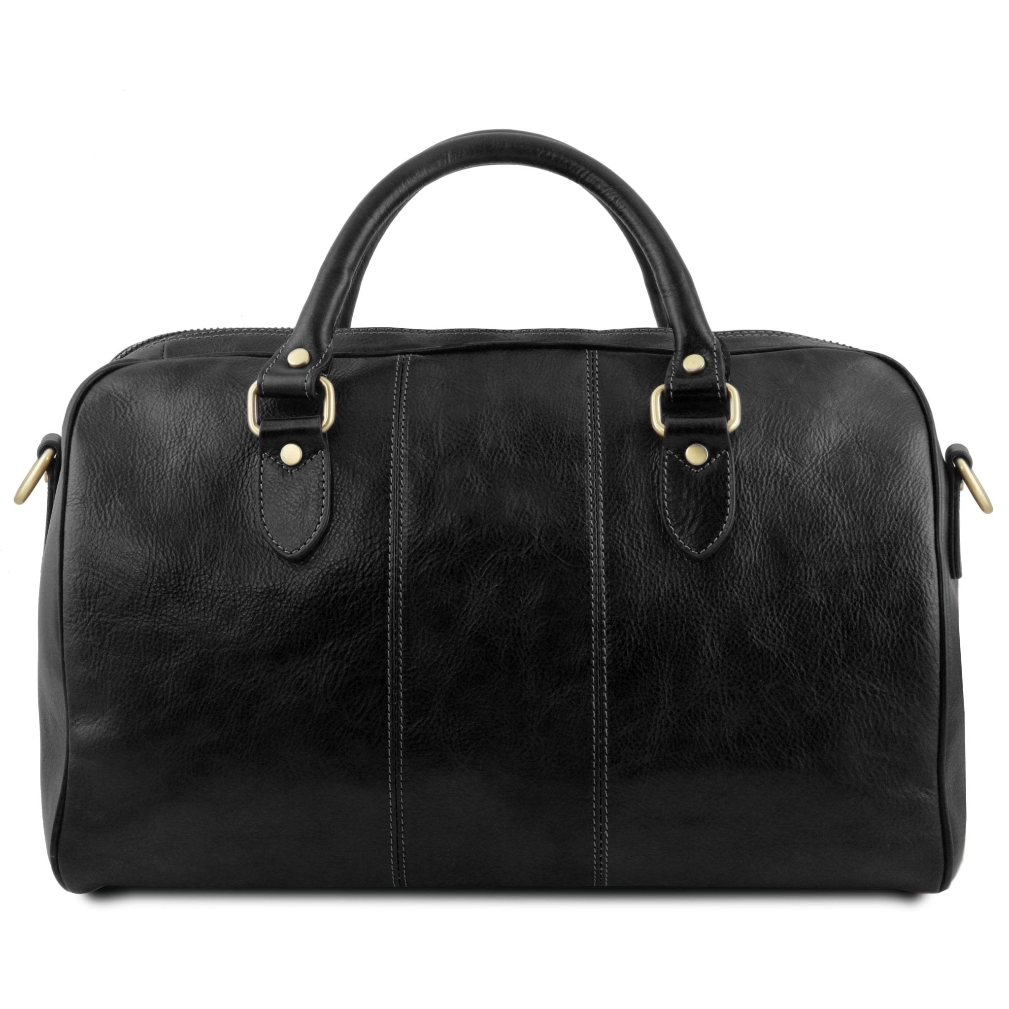 Lisbona Travel Leather Duffle Bag in Black Small size back view on a white background - L'Atelier Global