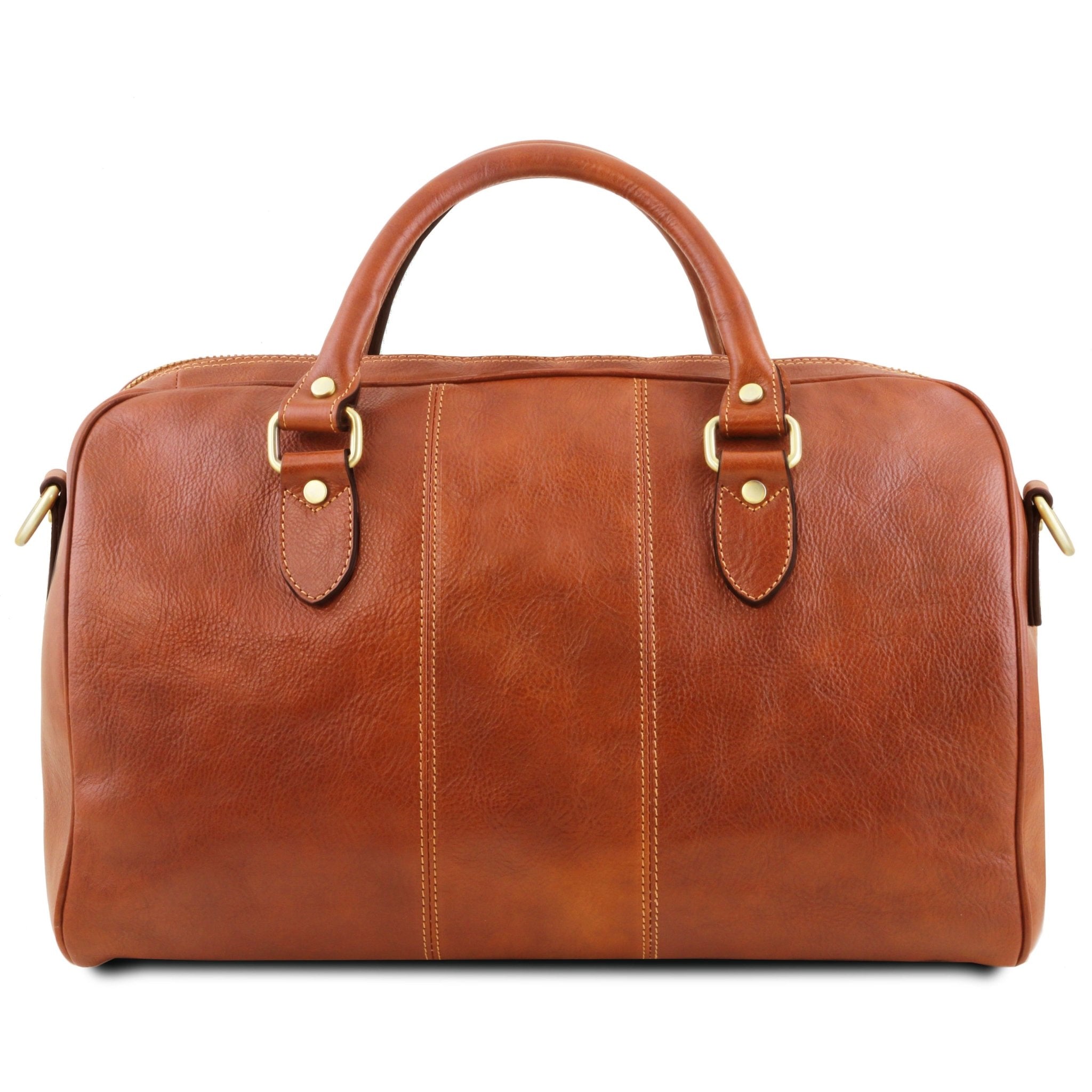 Lisbona Travel Leather Duffle Bag in Honey Small size back view on a white background - L'Atelier Global