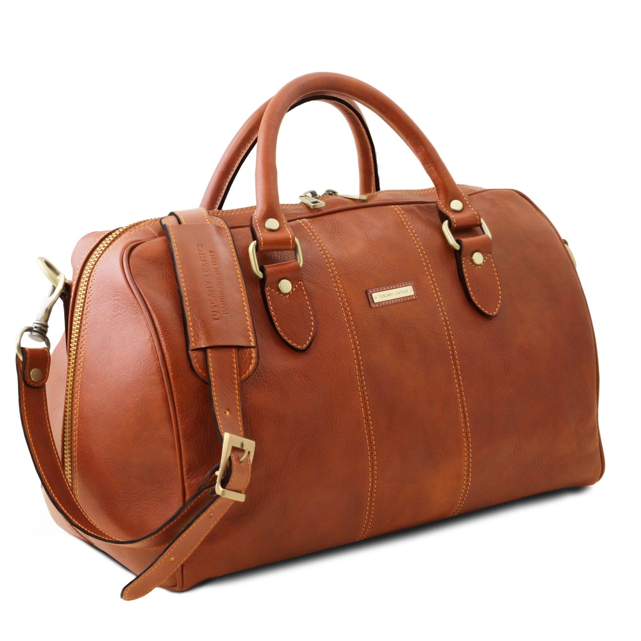 Lisbona Travel Leather Duffle Bag in Honey Small size side view on a white background - L'Atelier Global