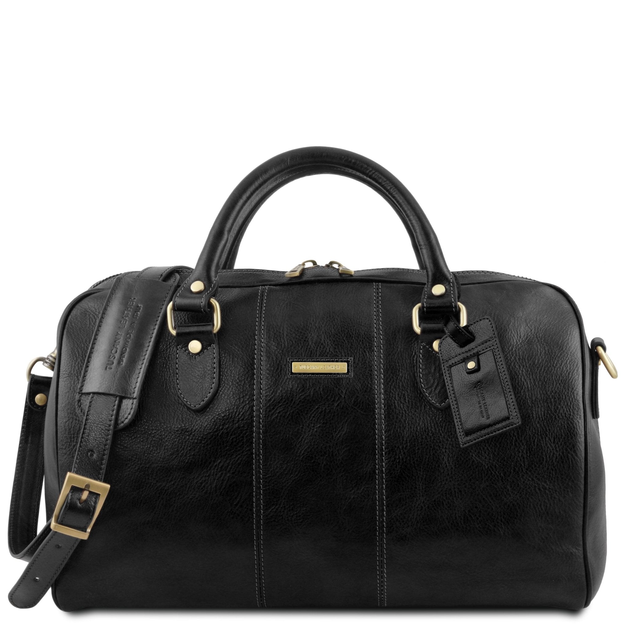 Lisbona Travel Leather Duffle Bag in Black Small size front view on a white background - L'Atelier Global