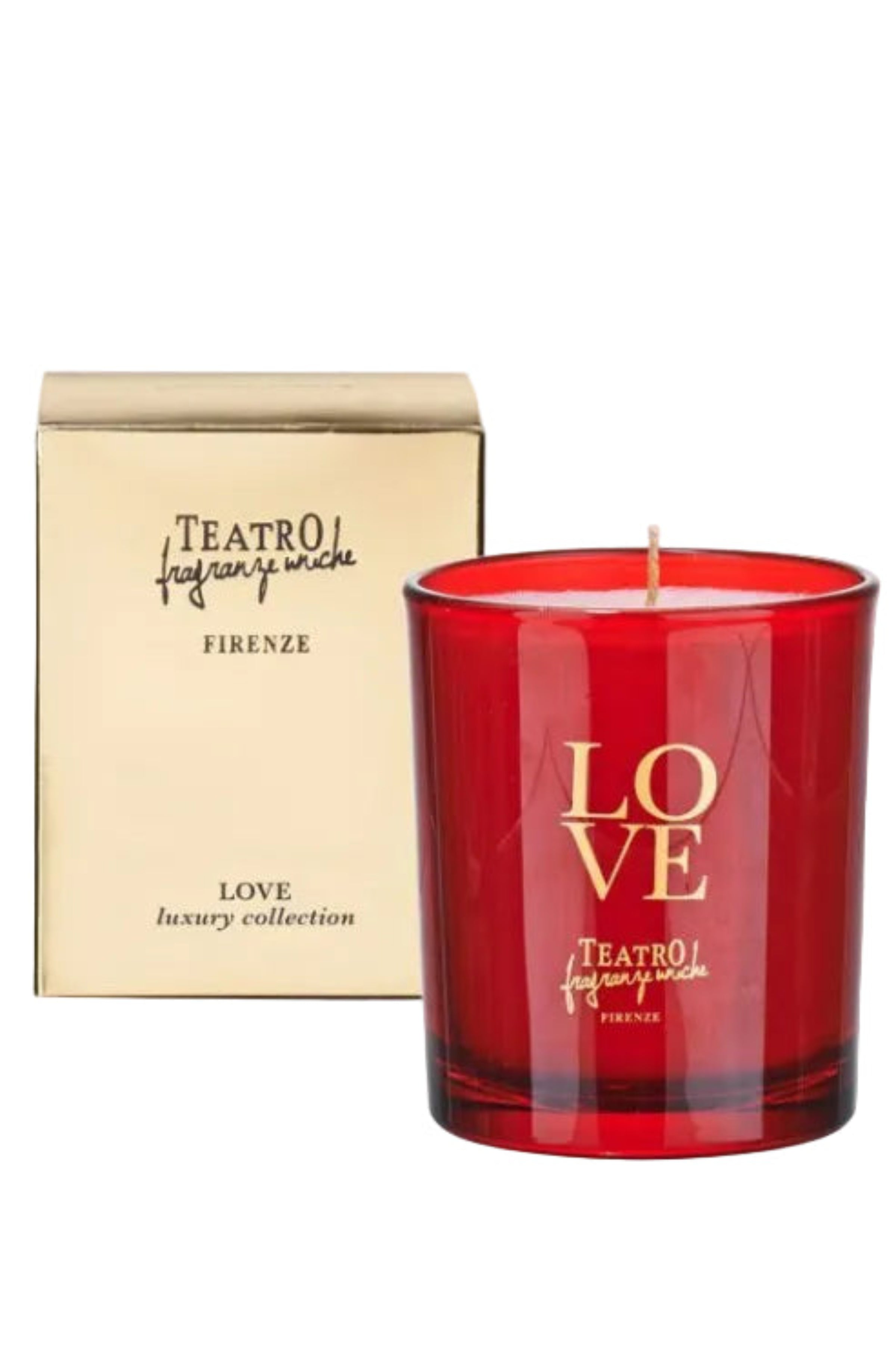 Love Luxury Florentine Scented Candle with red vessel and gold shipping box