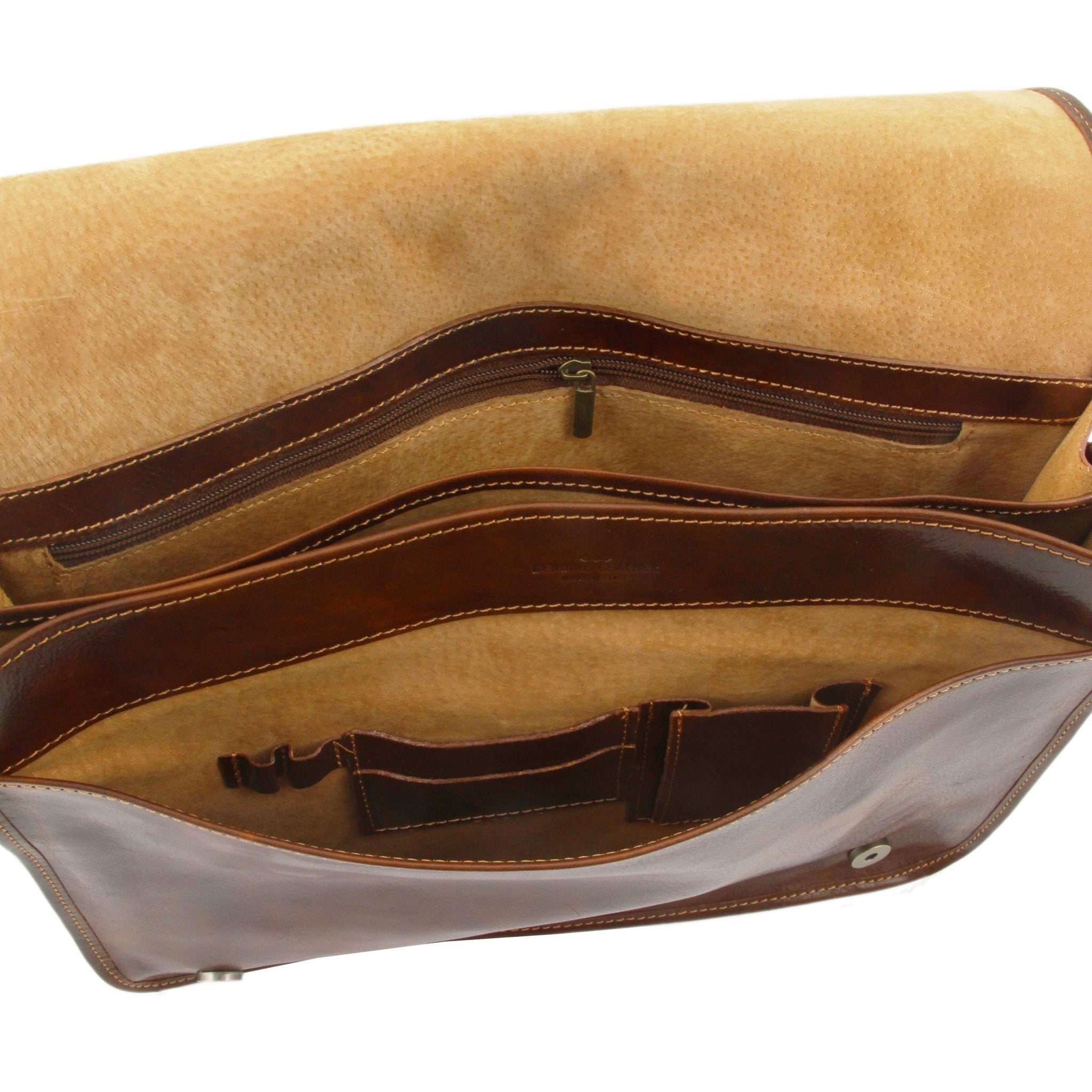 Messenger Double Freestyle Leather Bag in Brown, Interior View, showing soft lining and interior pockets - L'Atelier Global