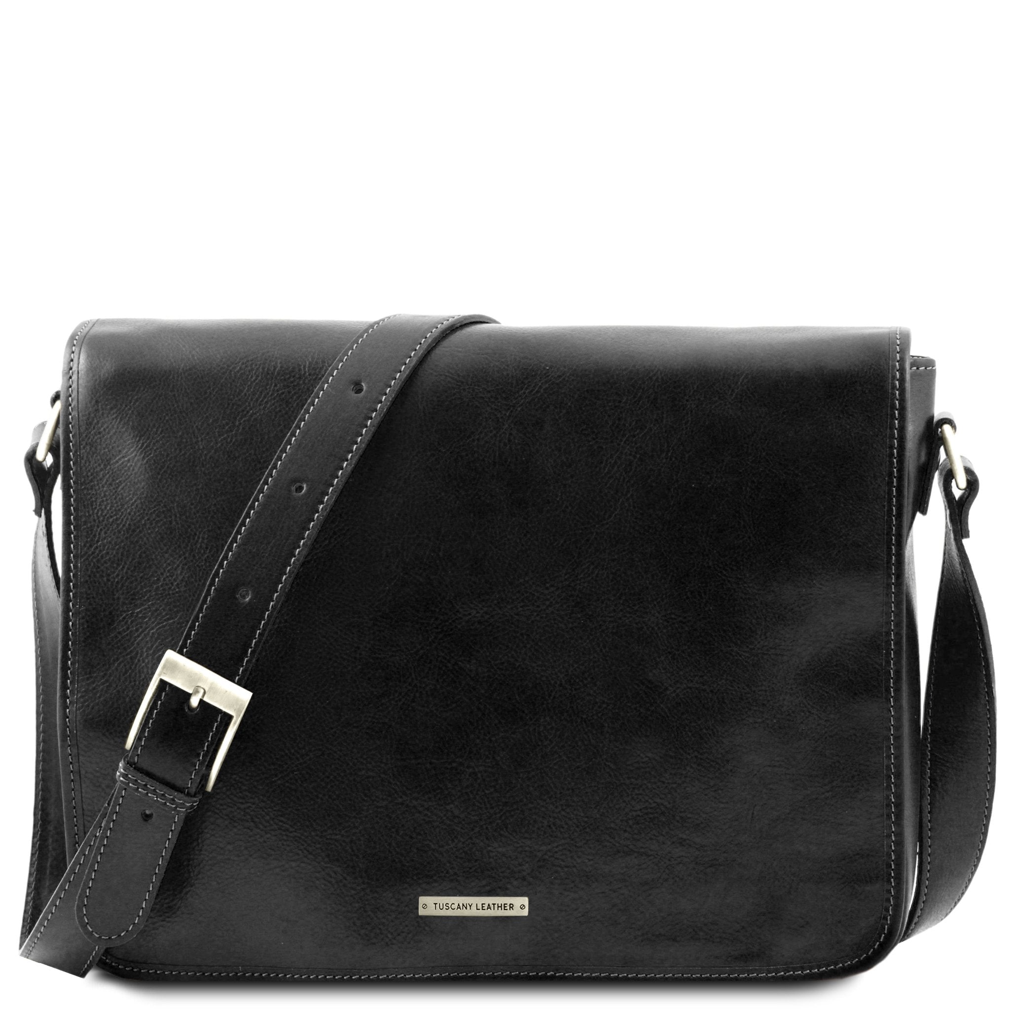 Messenger Double Freestyle Leather Bag in Black, Front View, on a white background - L'Atelier Global