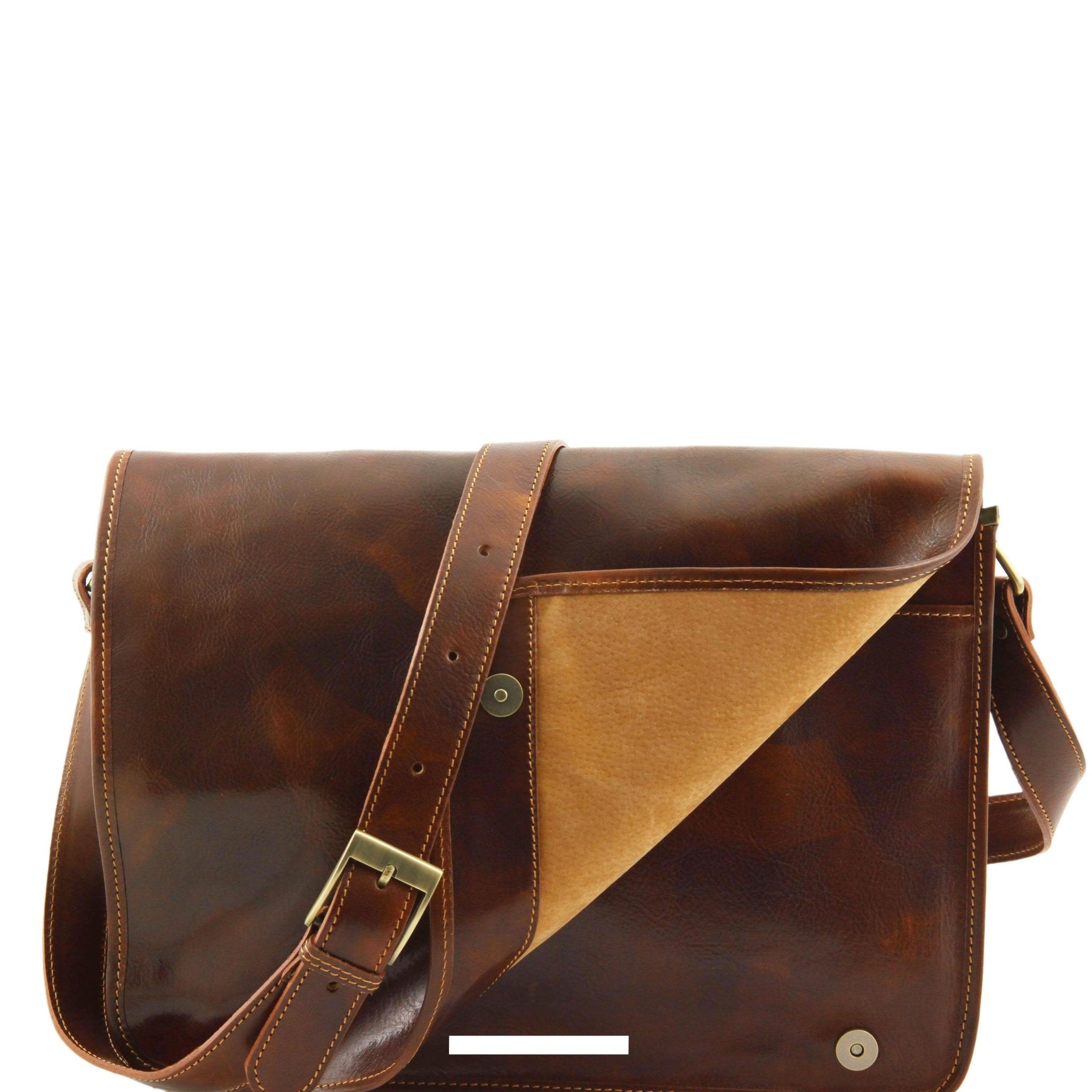 Messenger Double Freestyle Leather Bag in Brown, Front View, cover is flared up slightly displaying pockets underneath