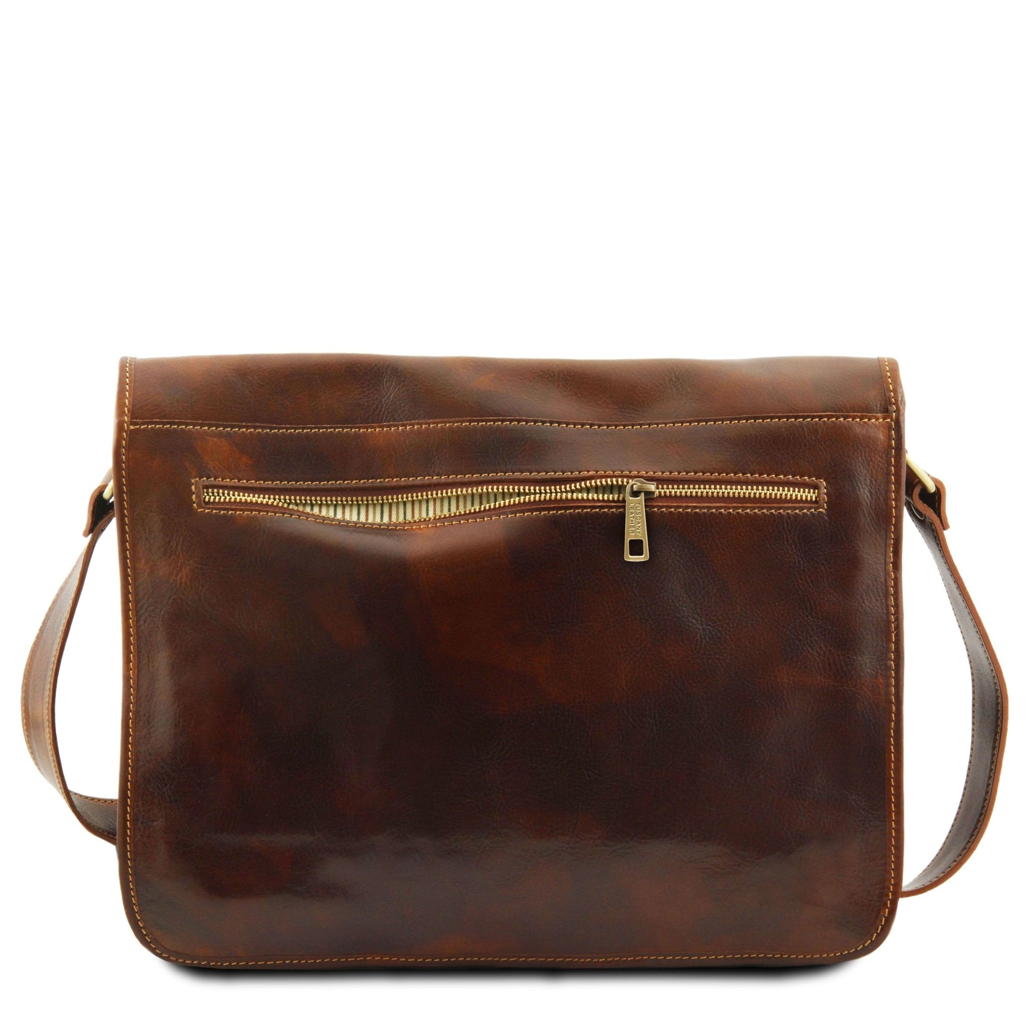 Messenger Double Freestyle Leather Bag in Brown, Back View showing large zip pocket, on a white background - L'Atelier Global