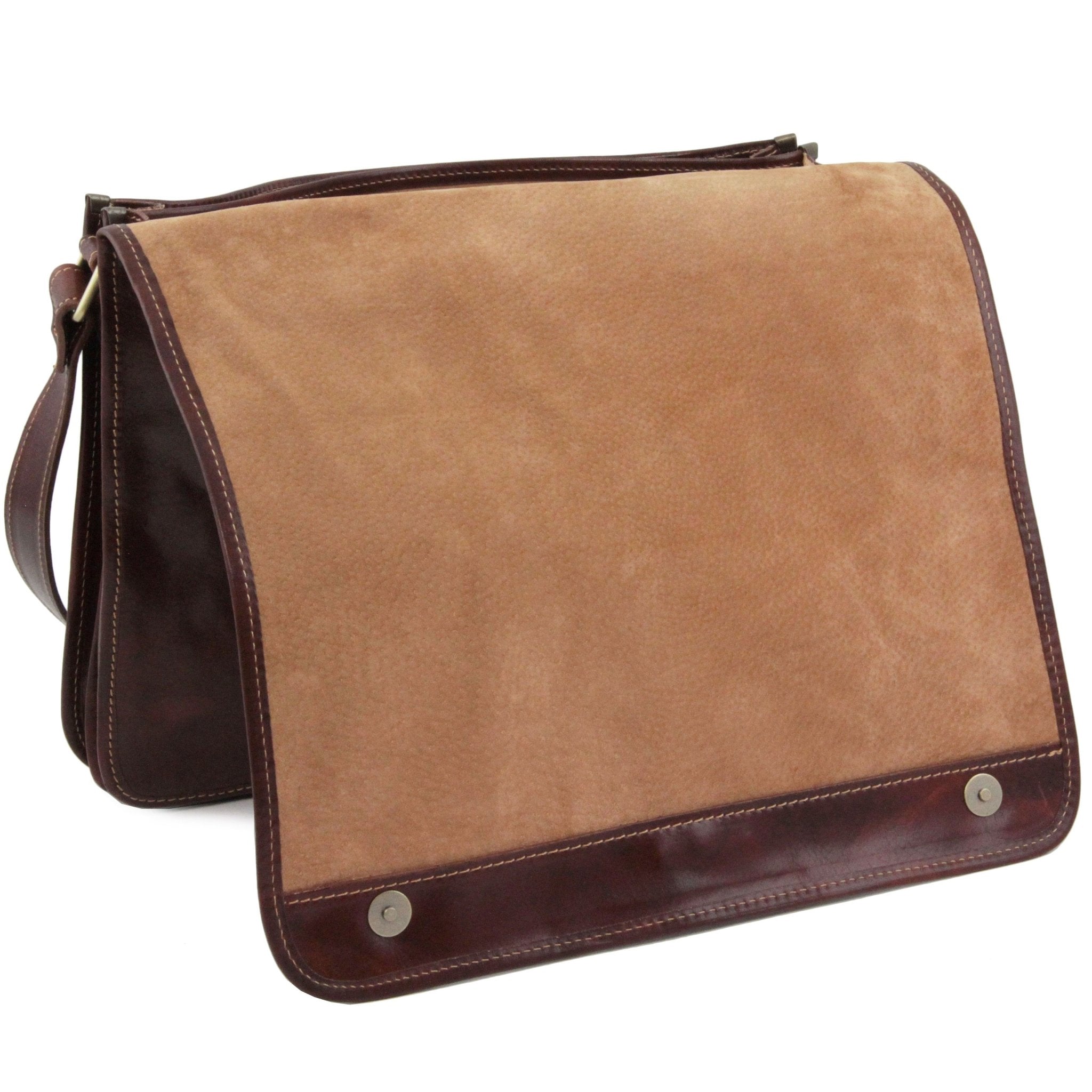 Messenger Double Freestyle Leather Bag in Brown, Back View, cover opened and pushed back showing soft lining suede appearance