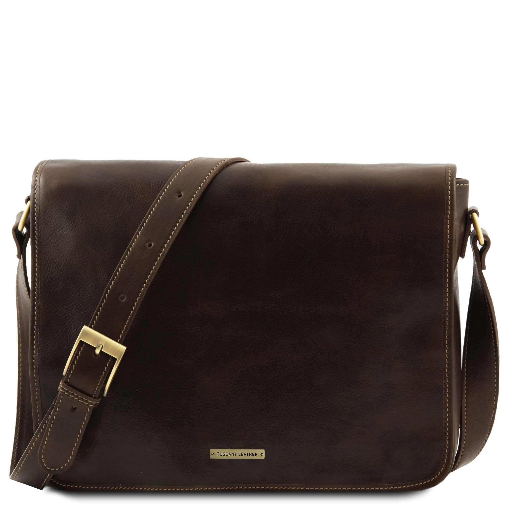 Messenger Double Freestyle Leather Bag in Dark Brown, Front View, on a white background - L'Atelier Global