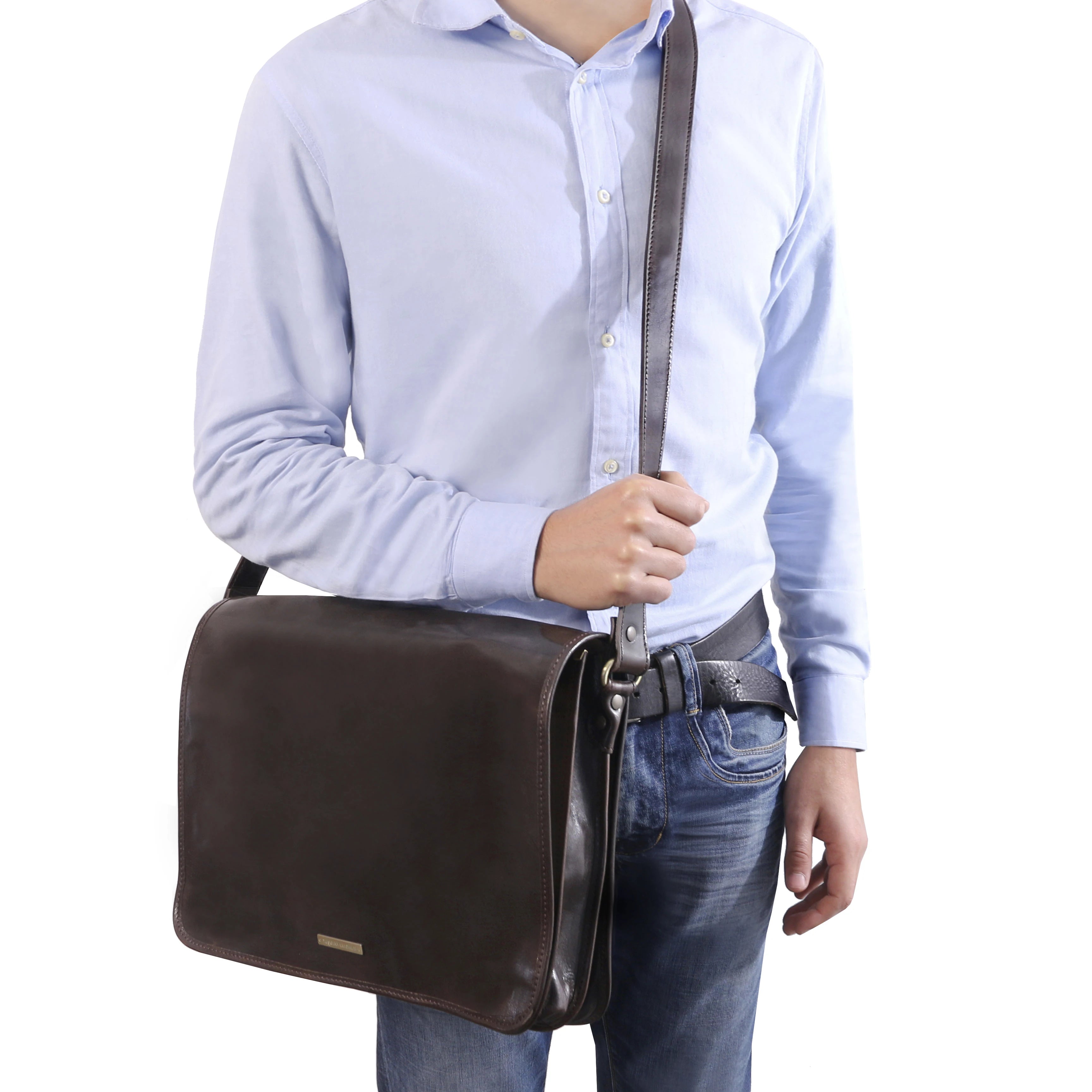 Messenger Double Freestyle Leather Bag in Dark Brown on male model with shoulder strap around model's neck - L'Atelier Global