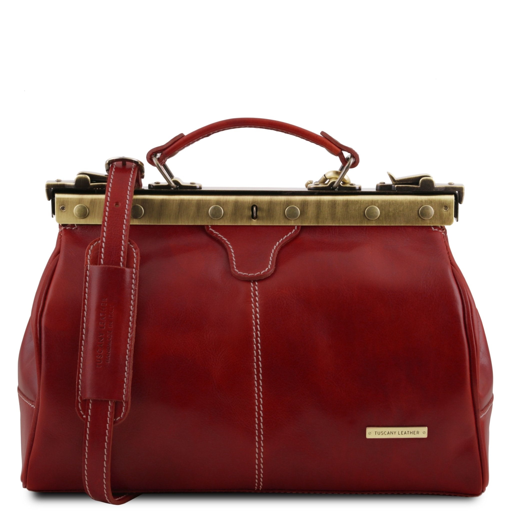 Michelangelo Doctor Gladstone Leather Bag in Red, Front View showing shoulder strap, on white background - L'Atelier Global