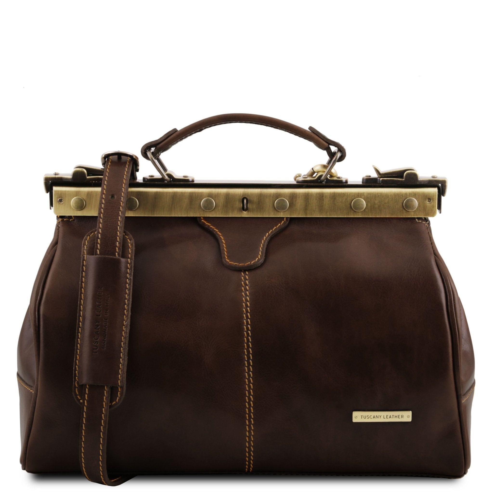 Michelangelo Doctor Gladstone Leather Bag in Dark Brown, Front View on white background - L'Atelier Global