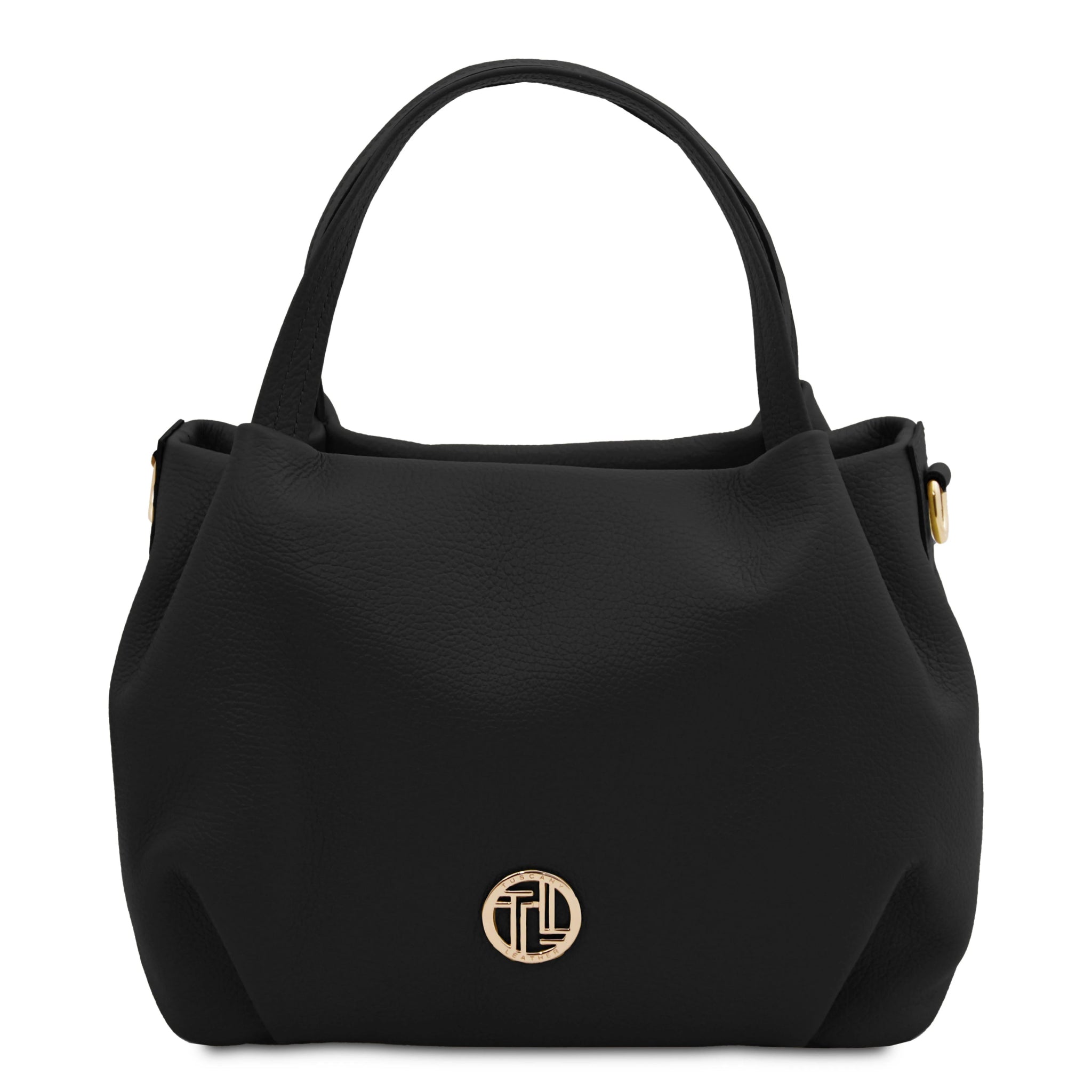 Front view Nora Soft Italian Leather Shoulder Bag in Light Black showing gold front logo and handle