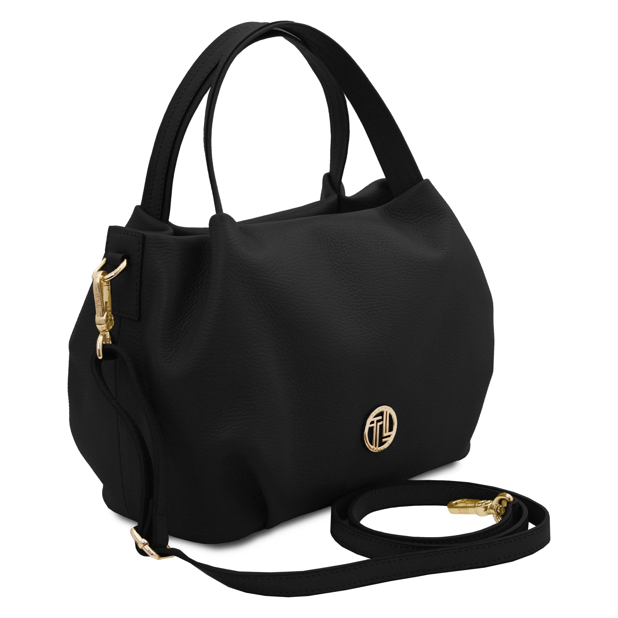 Front view Nora Soft Italian Leather Shoulder Bag in Black showing gold front logo, handle and detachable. adjustable shoulder strap