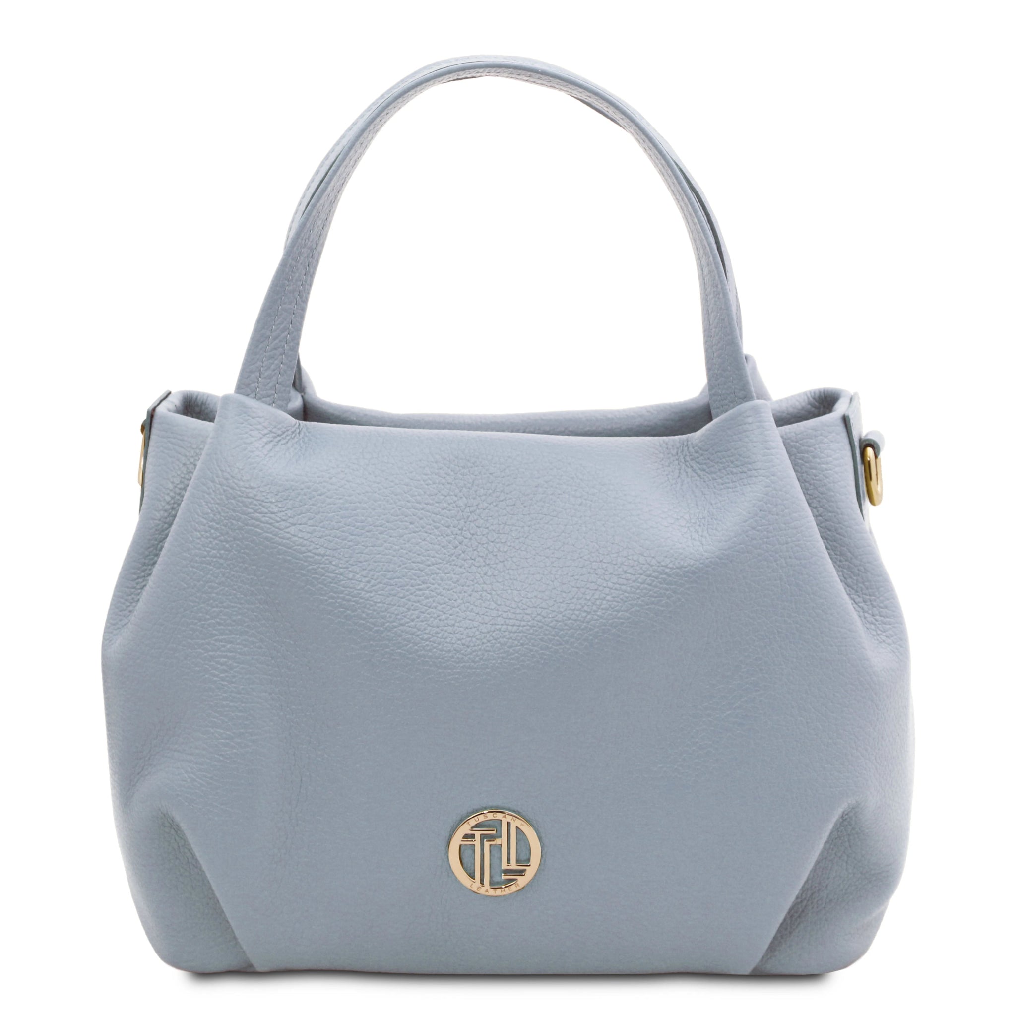 Front view Nora Soft Italian Leather Shoulder Bag in Light Blue showing gold front logo and handle