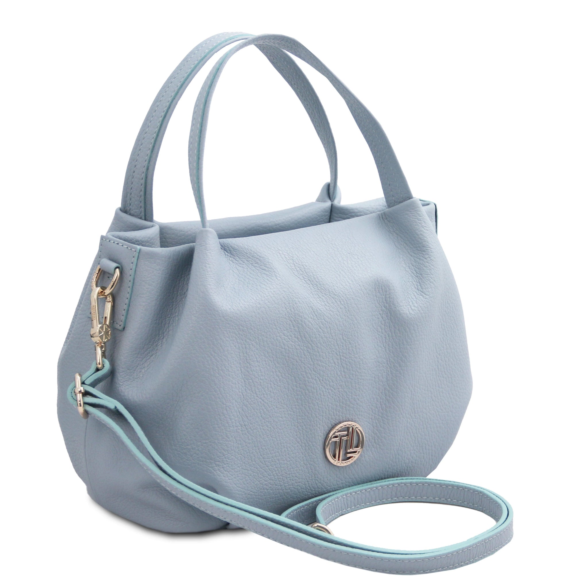 Front view Nora Soft Italian Leather Shoulder Bag in Light Blue showing gold front logo, handle and detachable. adjustable shoulder strap