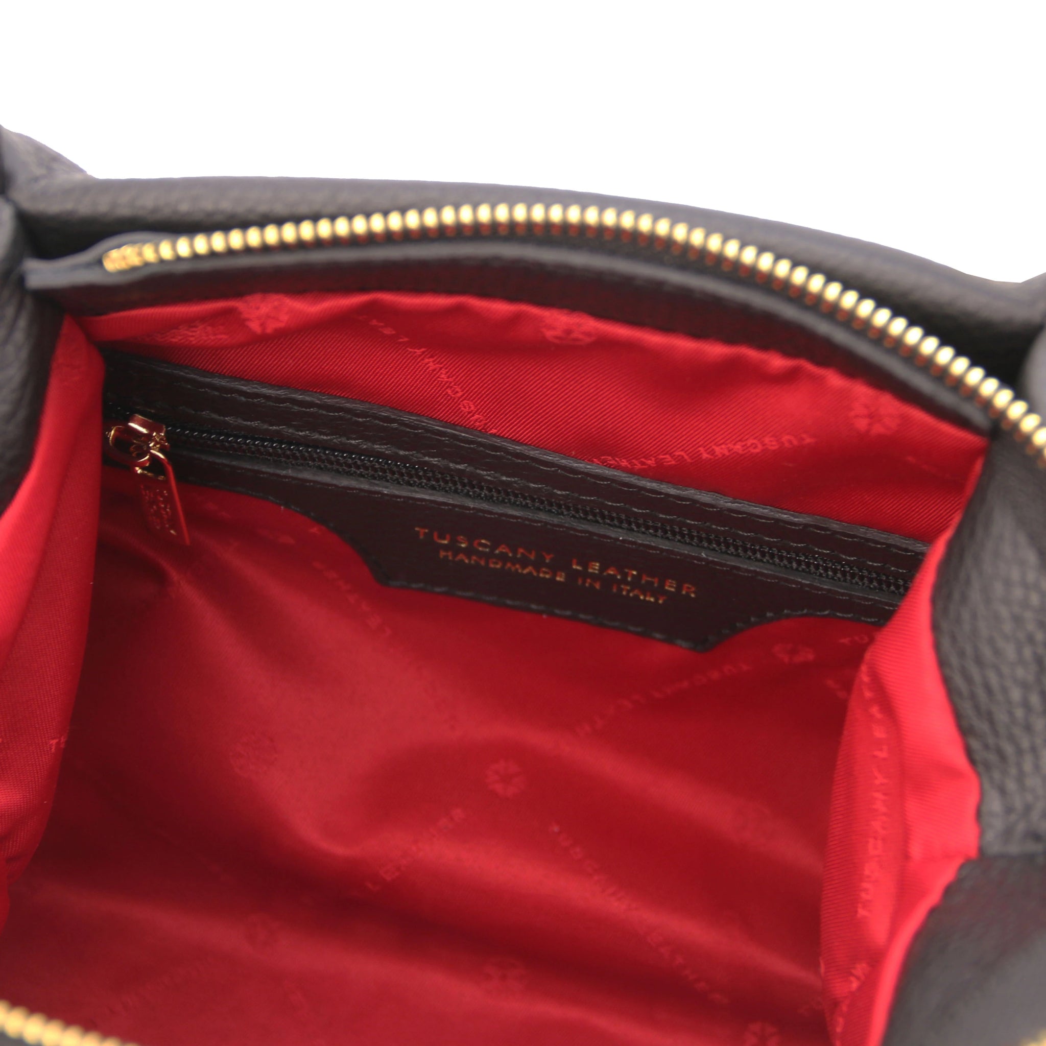 Interior zip pocket view Nora Soft Italian Leather Shoulder Bag in Black showing main zippered closure