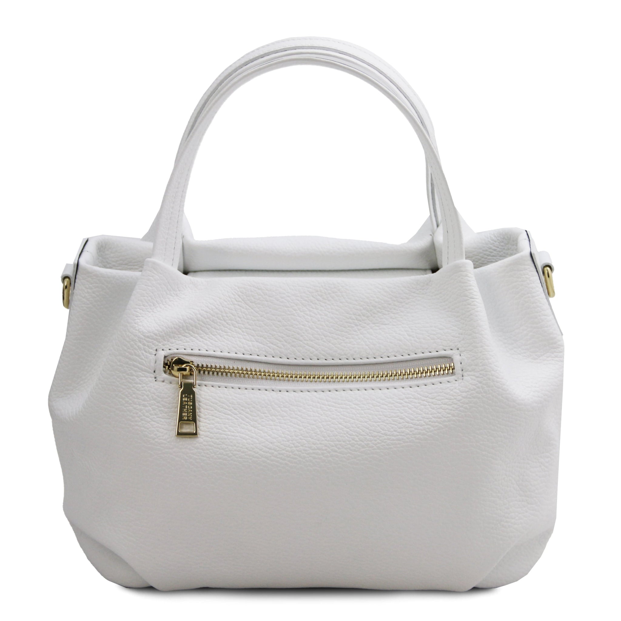 Back view Nora Soft Italian Leather Shoulder Bag in White showing exterior zip pocket and top handle