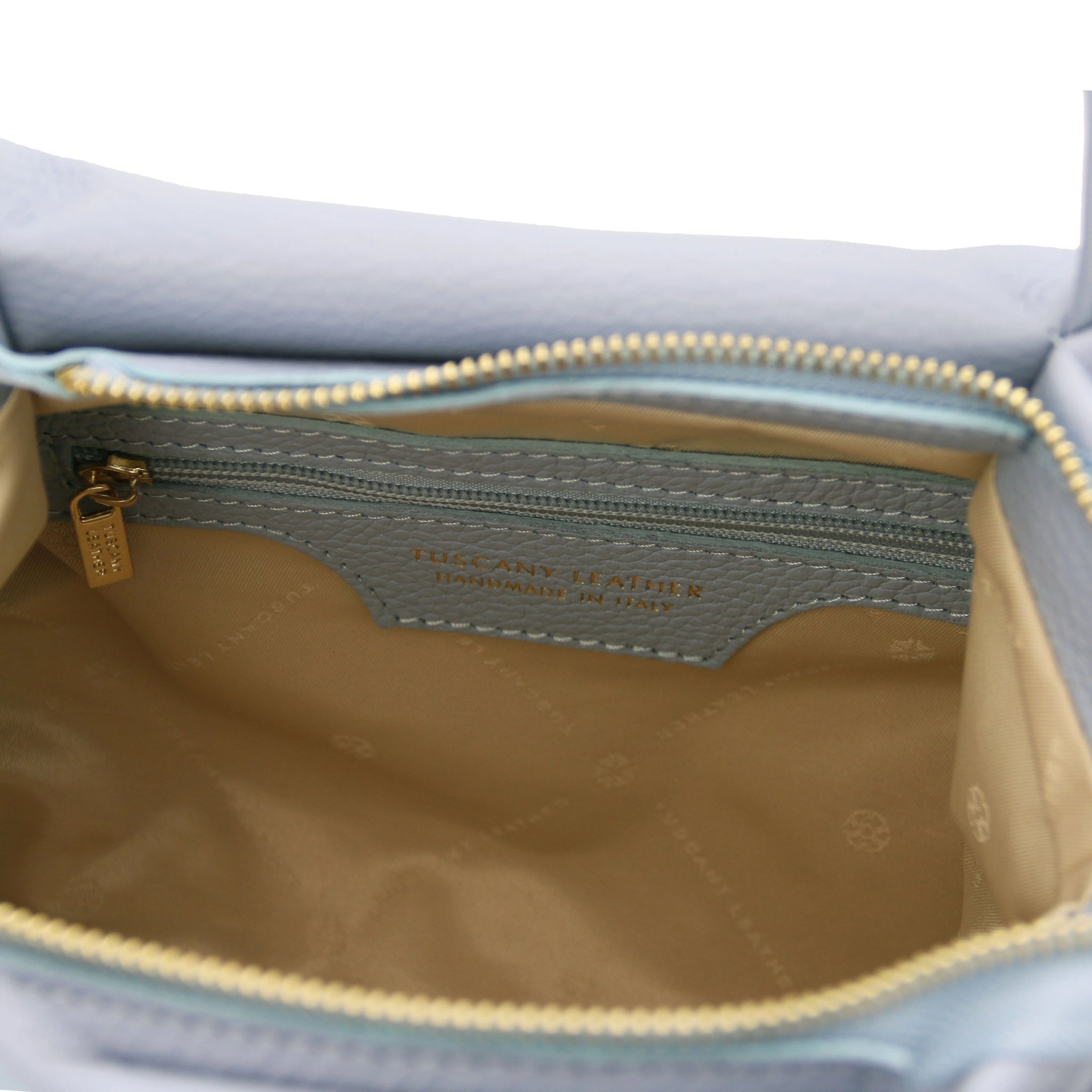 Interior zip pocket view Nora Soft Italian Leather Shoulder Bag in Light Blue showing main zippered closure