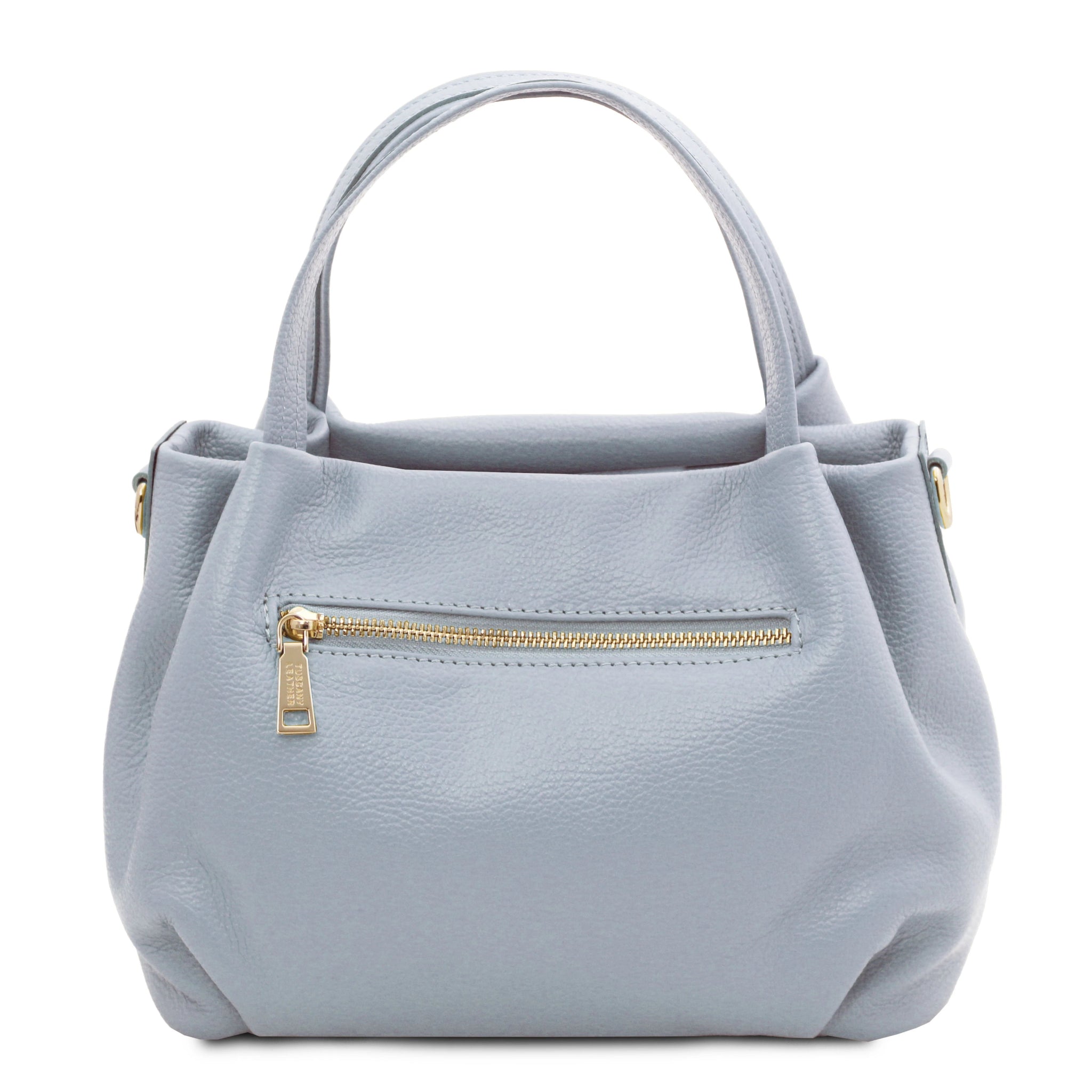 Back view Nora Soft Italian Leather Shoulder Bag in Light Blue showing exterior zip pocket and top handle