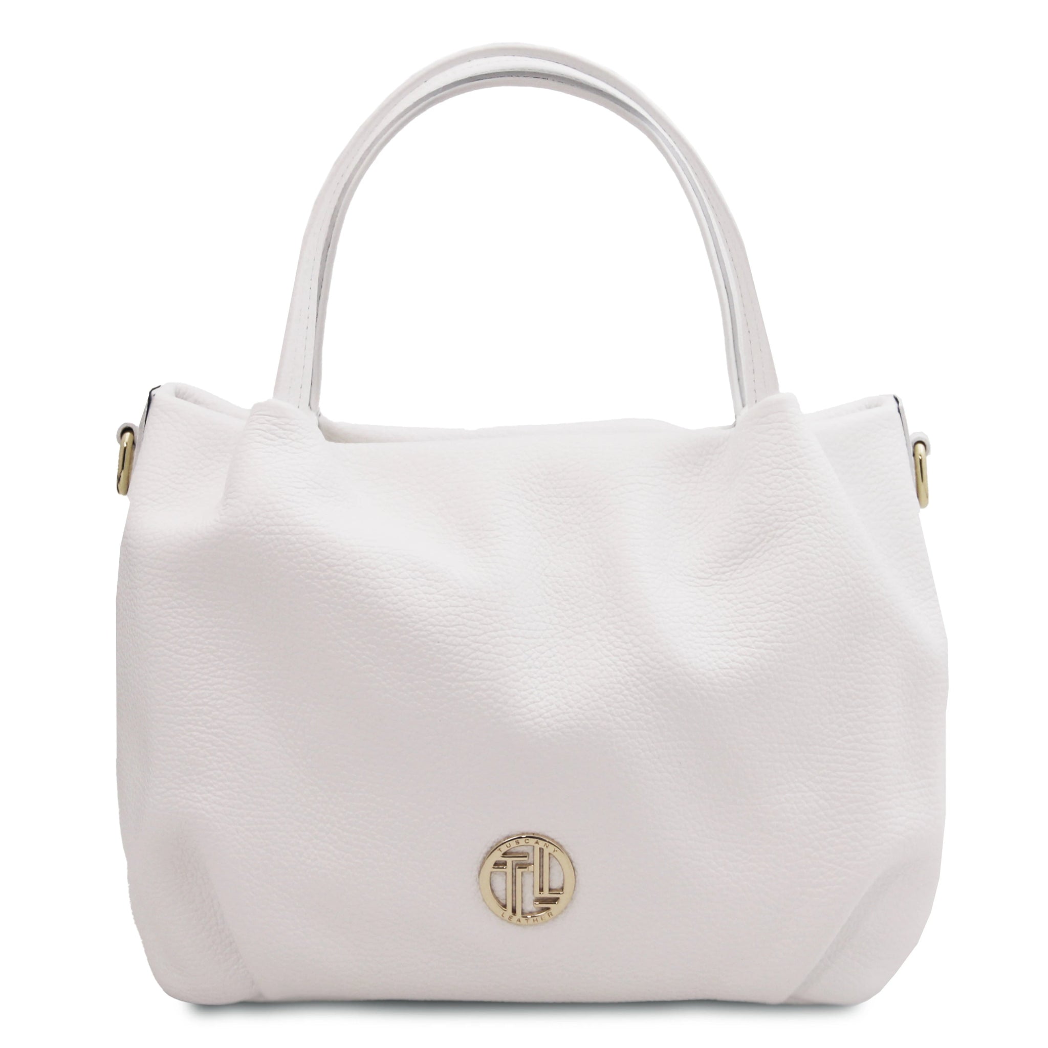 Front view Nora Soft Italian Leather Shoulder Bag in White showing gold front logo and handle