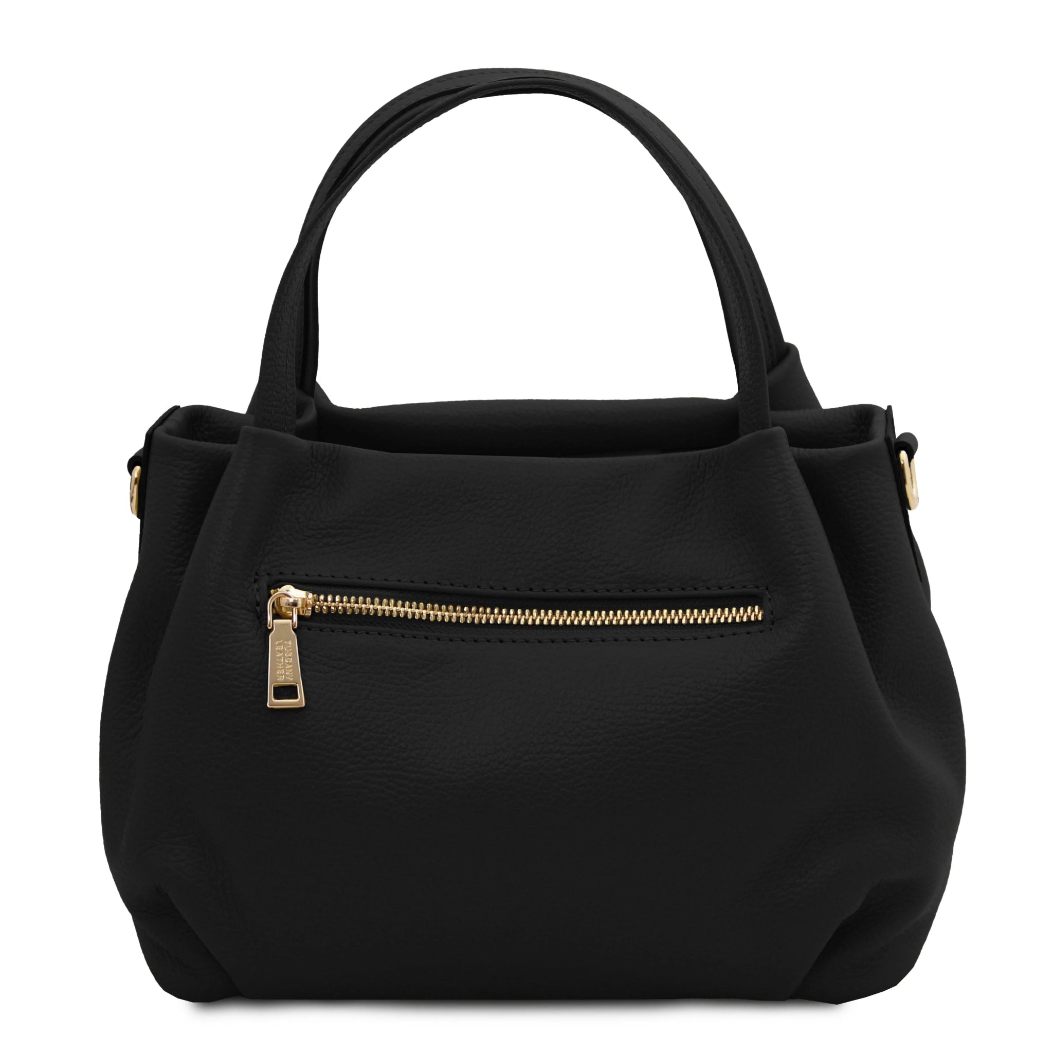 Back view Nora Soft Italian Leather Shoulder Bag in Black showing exterior zip pocket and top handle