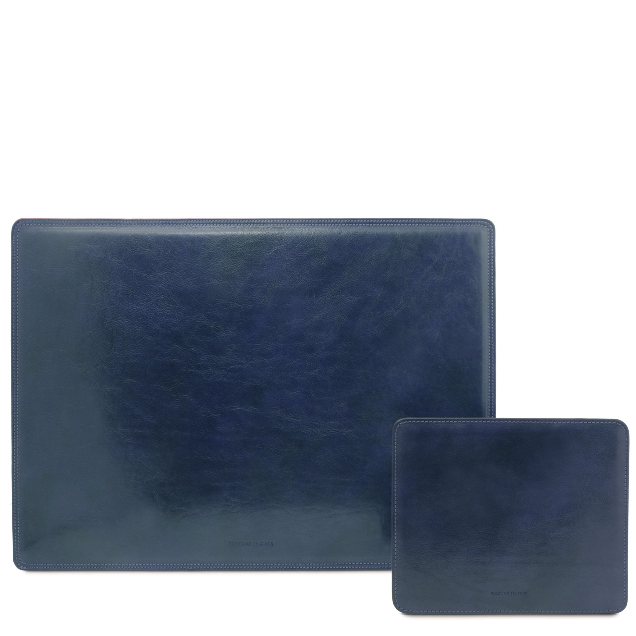 Office Set Italian Leather Desk Pad and Mouse Pad in dark blue on white background - L'Atelier Global