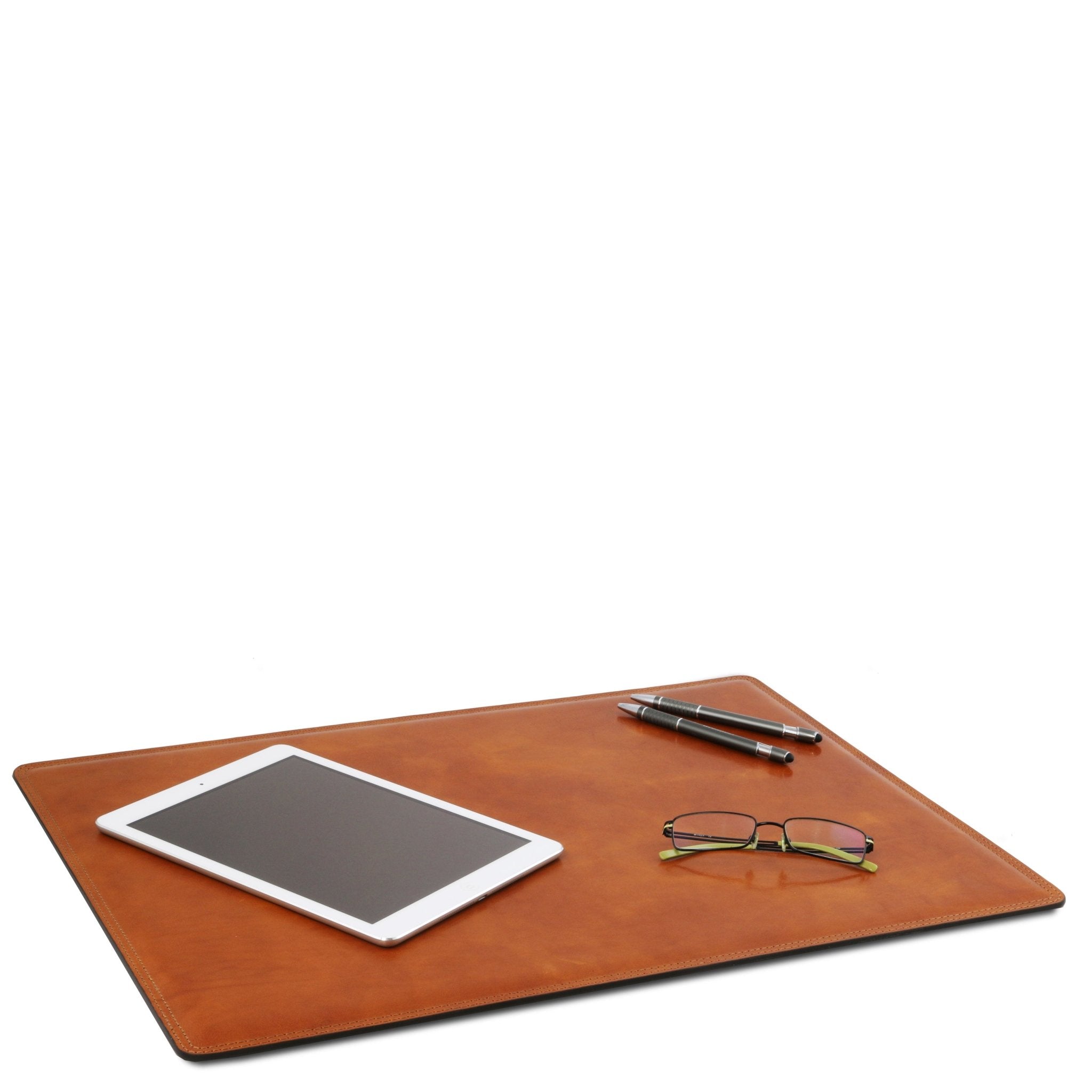 Office view if the Office Set Leather Desk Pad with glasses, IPAD and pen in honey on a white background - L'Atelier Global