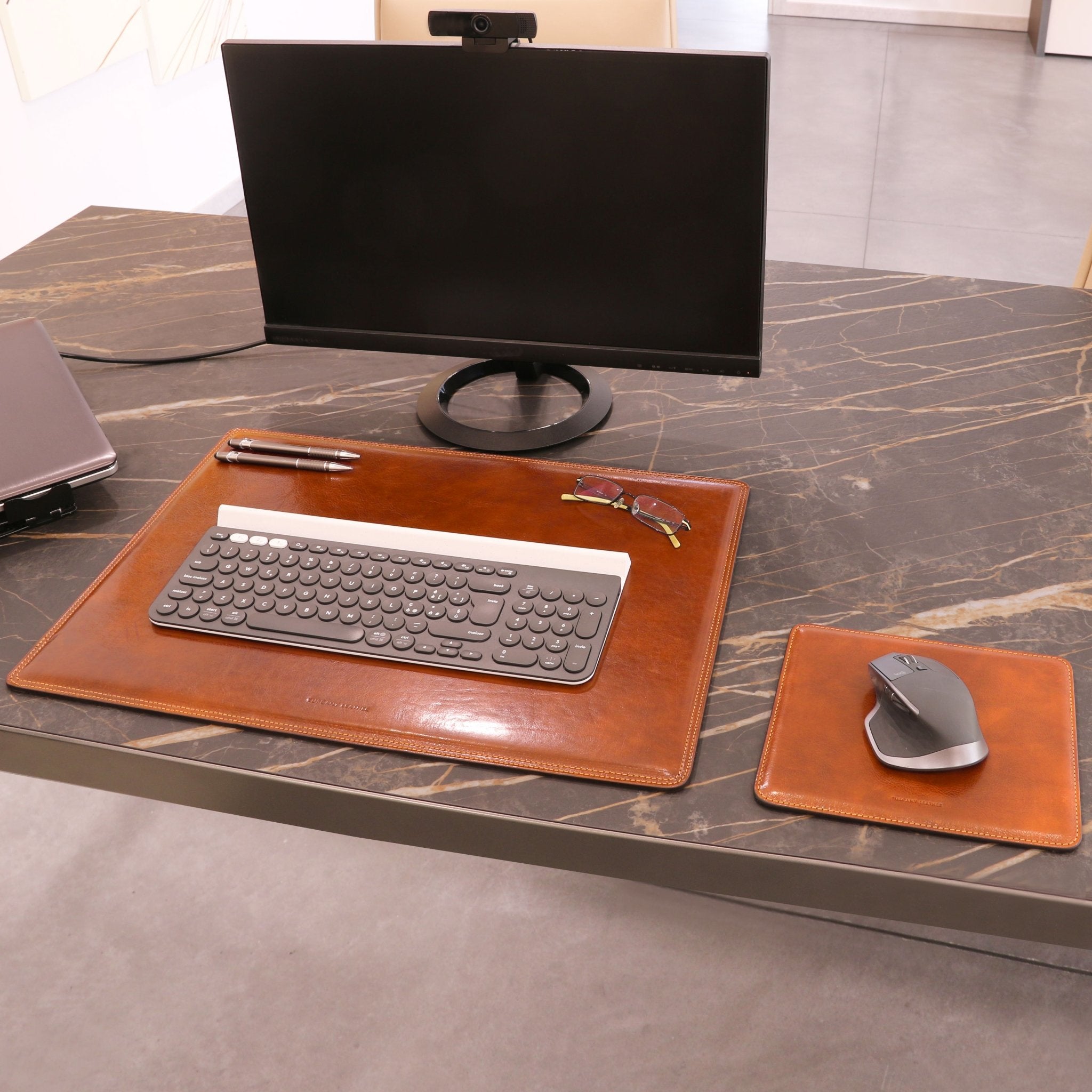 Office view if the Office Set Italian Leather Desk Pad and Mouse Pad in honey on a white background - L'Atelier Global