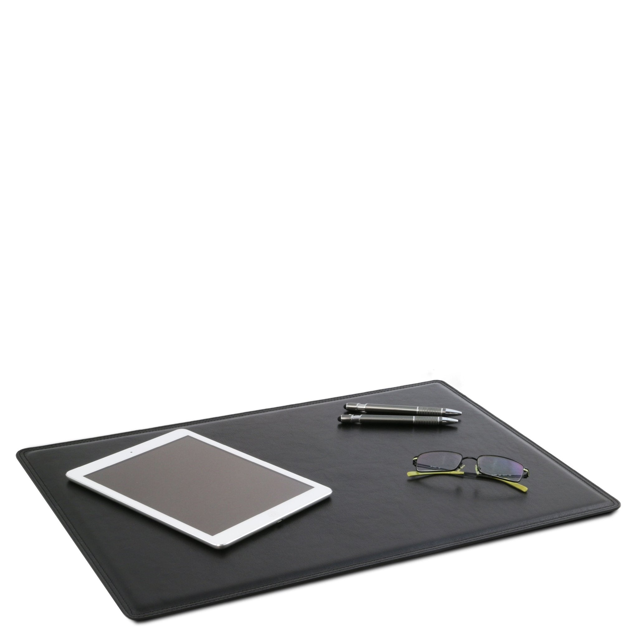 Office view of Office Set Italian Leather Desk Pad with glasses, IPAD and pen in black on white background - L'Atelier Global