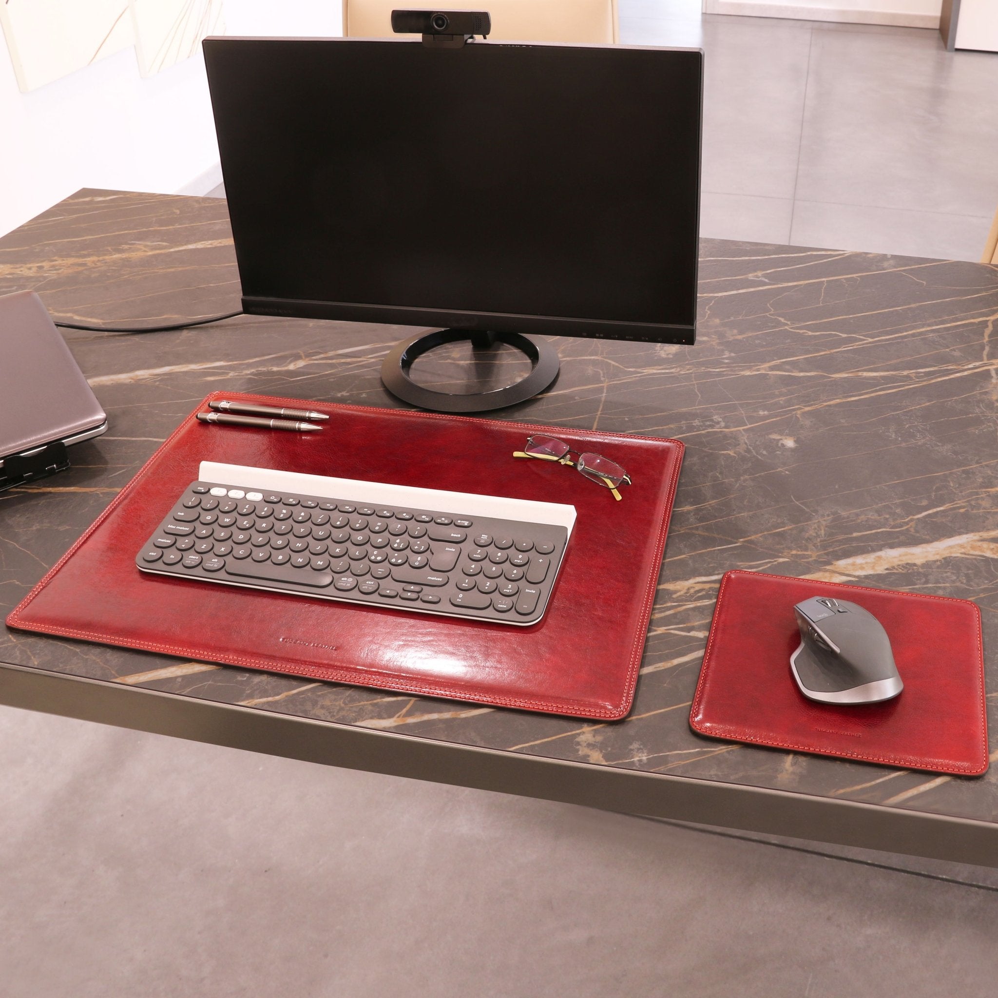 Office view if the Office Set Leather Desk Pad and Mouse Pad in red on a white background - L'Atelier Global