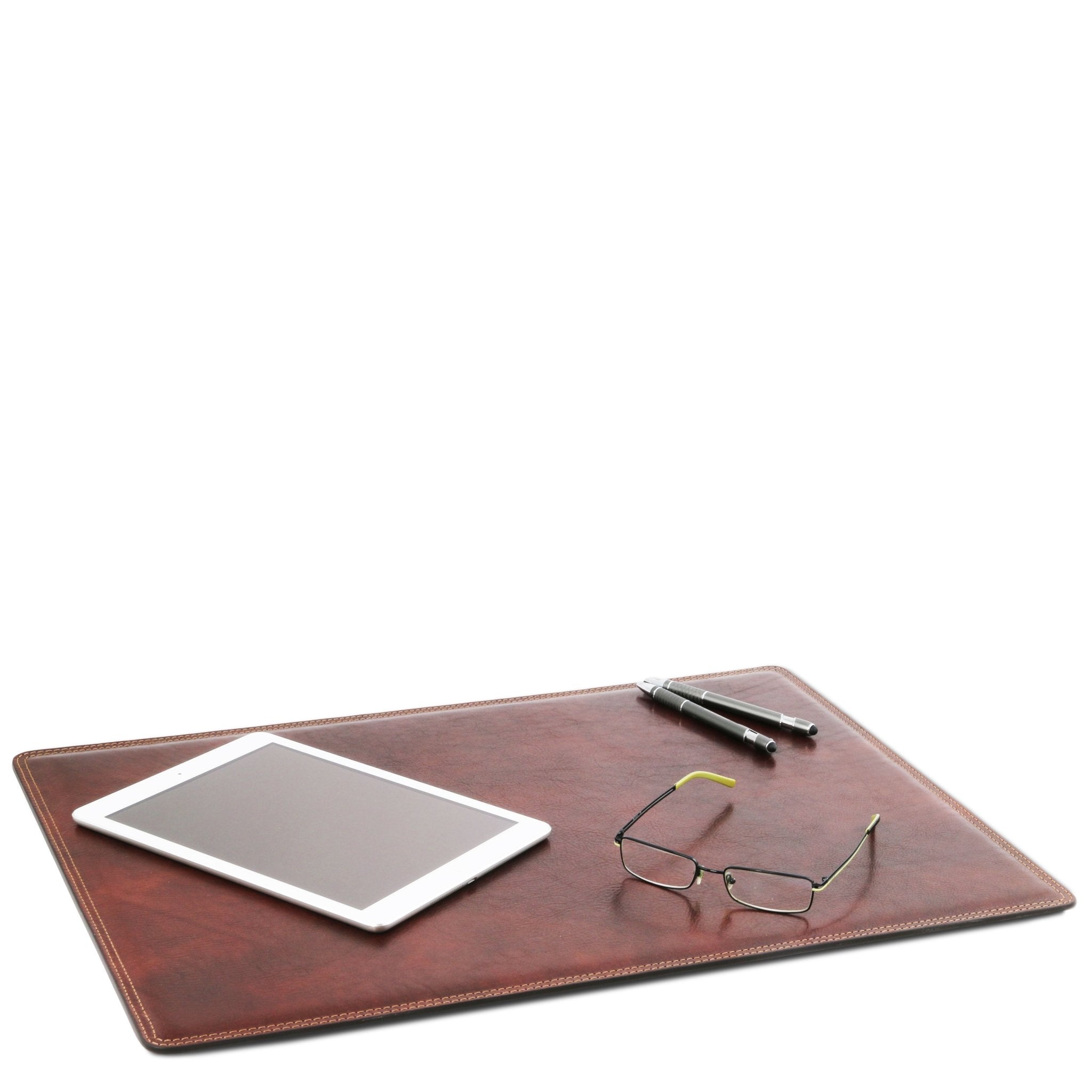 Office view of Office Set Italian Leather Desk Pad with glasses, IPAD, pen in brown on a white background - L'Atelier Global