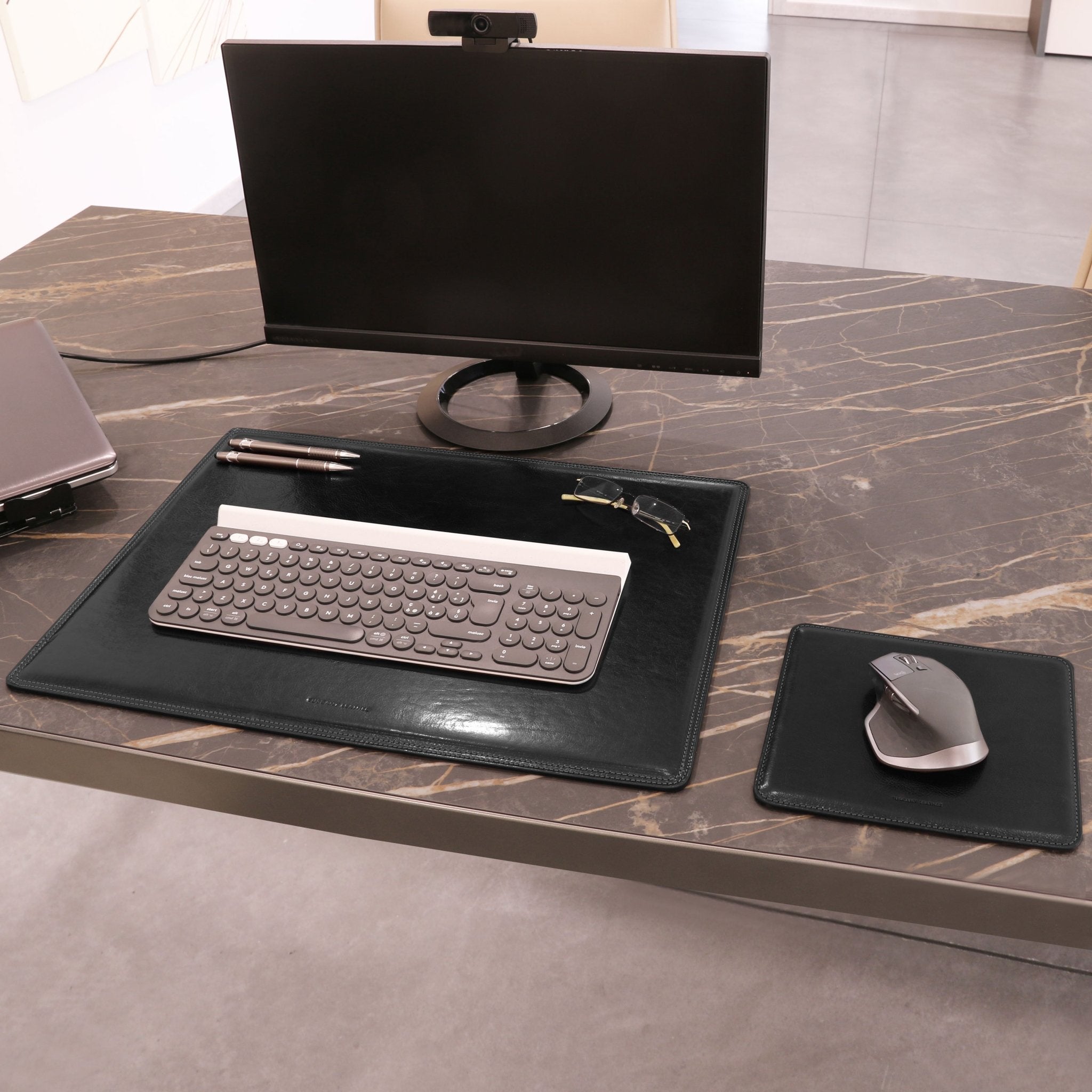 Office view if the Office Set Italian Leather Desk Pad and Mouse Pad in black on a white background - L'Atelier Global