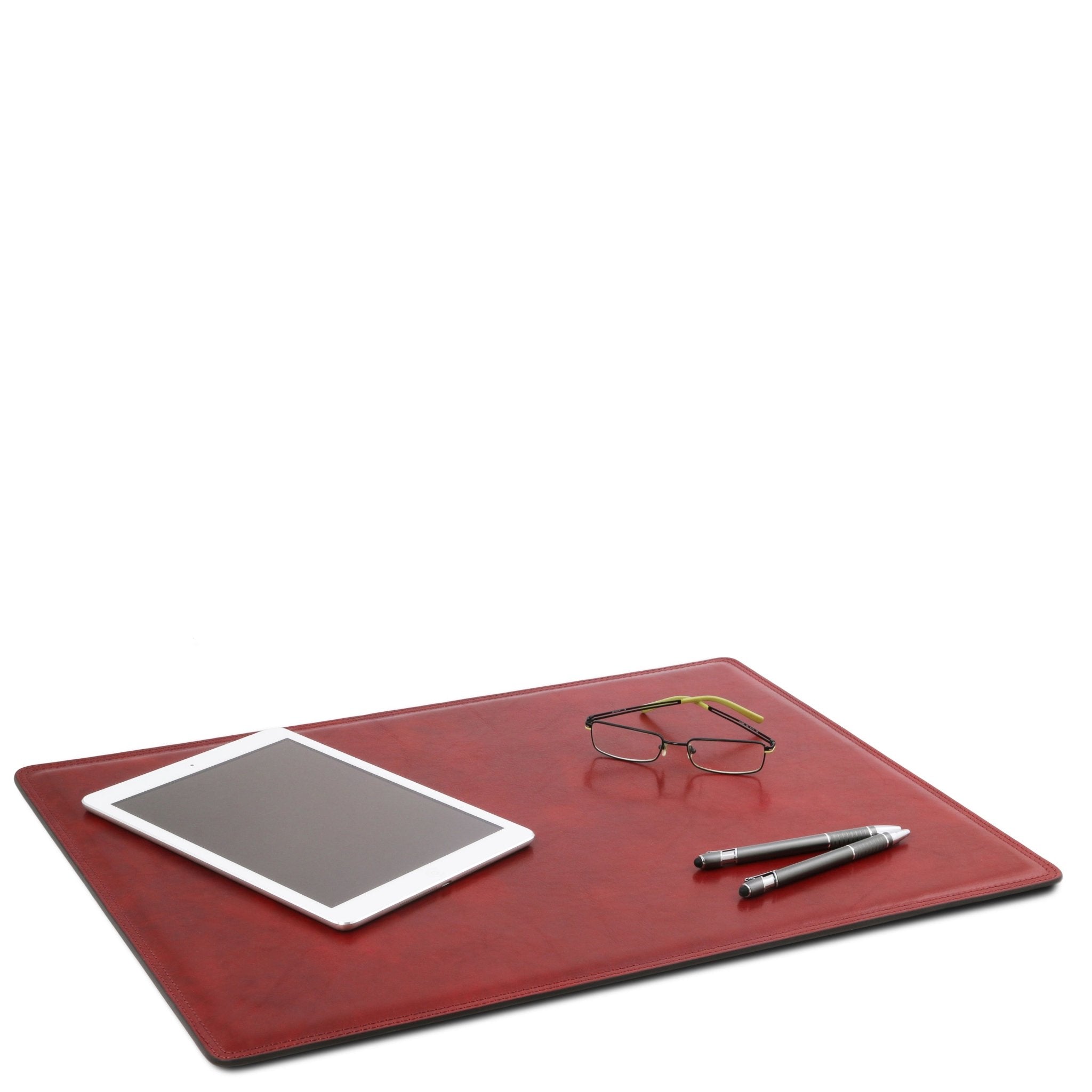 Office view of the Italian Leather Desk Pad with glasses, IPAD and pen in red on a white background - L'Atelier Global