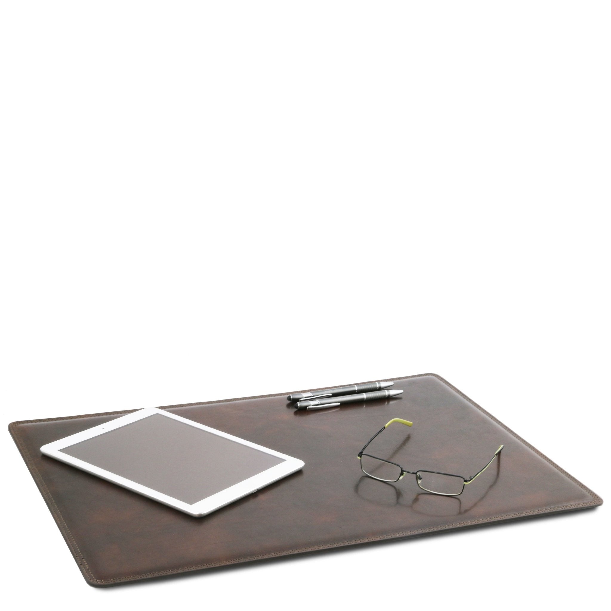 Office view of Italian Leather Desk Pad with glasses, IPAD and pen in dark brown on white background - L'Atelier Global