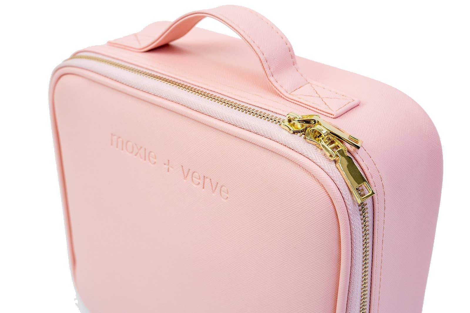 Top Handle View of the Pink On The Go Cosmetic Travel Case on a white background - L'Atelier Global