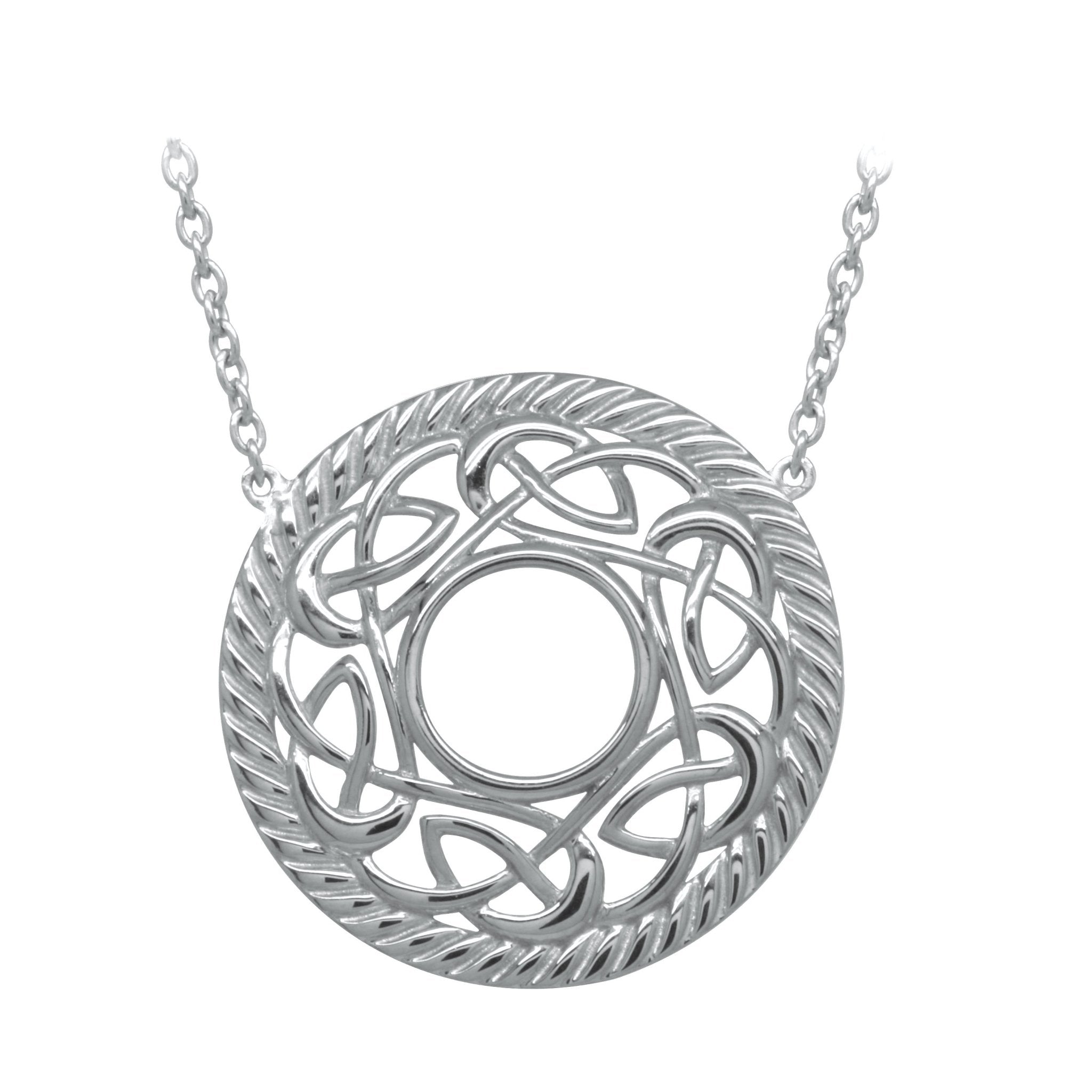 Open Knot Sterling Silver Necklace hanging on a white background, close up photo of Celtic pendant- L'Atelier Global