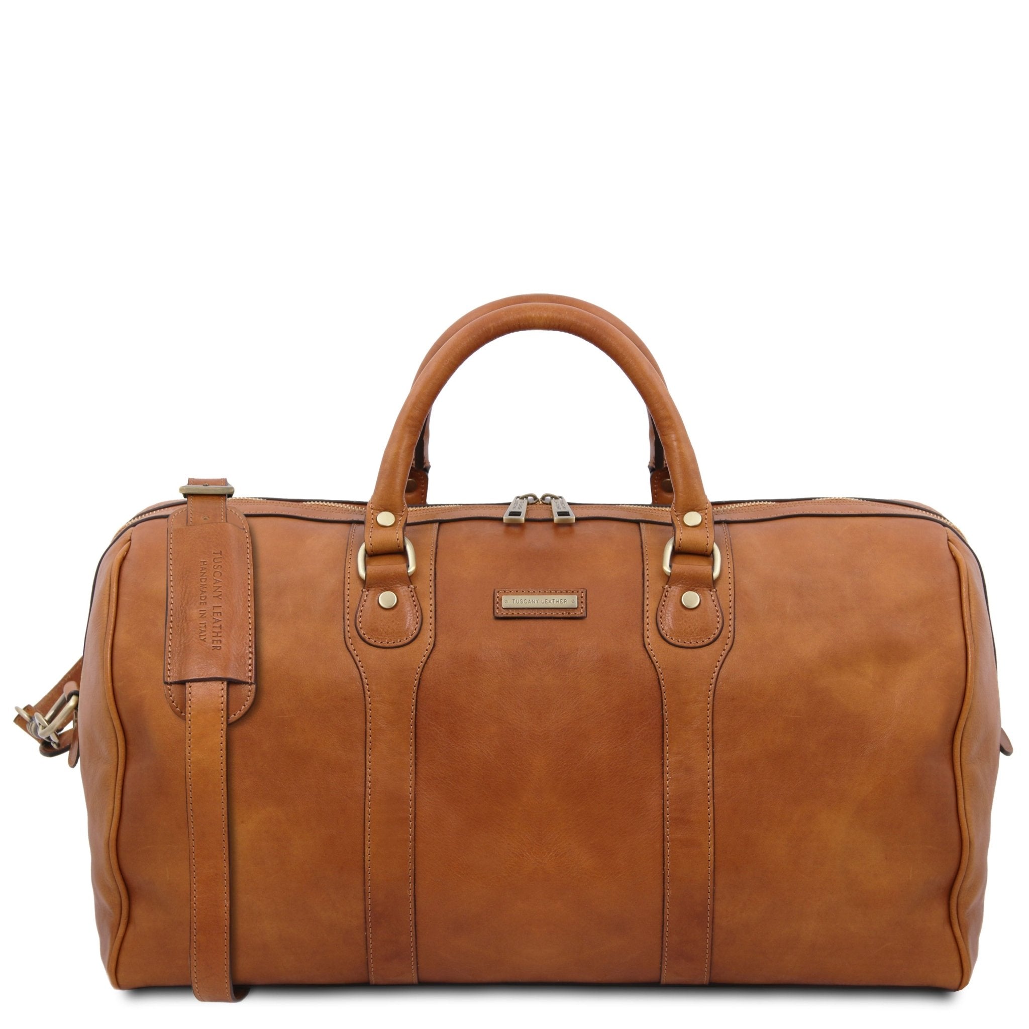 Oslo Travel Leather Weekender Duffle Bag in Natural on a white background, front view - L'Atelier Global